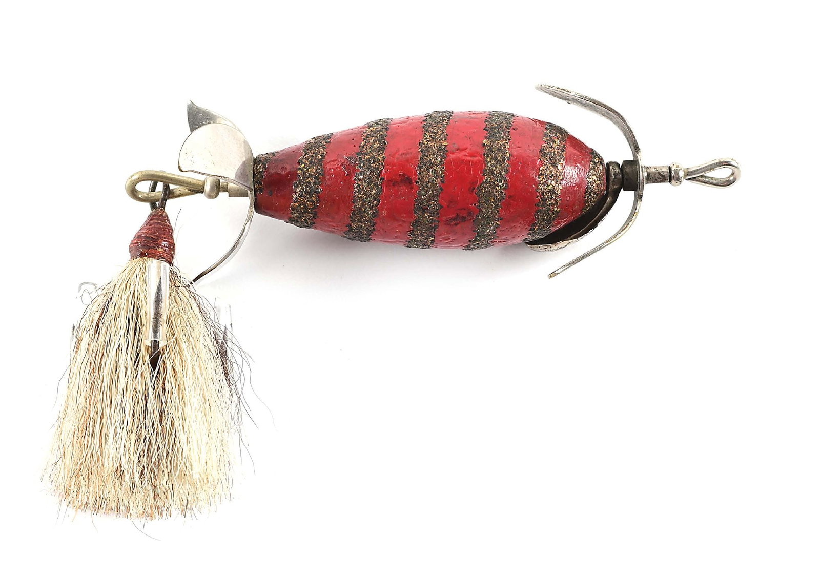 CLINTON-WILT LITTLE WONDER IN RED WITH GLITTER STRIPES: 2" Length. Model number 70 made initially in 1913, this excellent condition, all-original bait is in the much tougher glitter barberpole finish. Nice, full tied-hair treble, with a front assembly cons