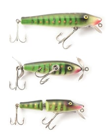 3 PAW PAW LURES IN GREEN WITH GOLD DOTS