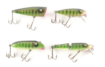 FOUR PAW PAW LURES IN GREEN WITH GOLD DOTS