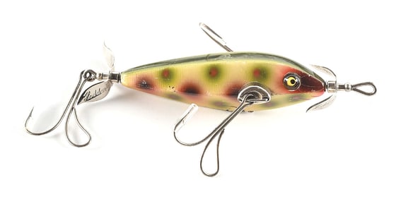 HEDDON 1500S DUMMY DOUBLE MINNOW IN STRAWBERRY SPOT WITH FOOTBALL RIG