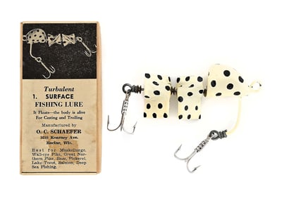 O.C. SCHAEFFER TURBULENT SURFACE LURE IN WHITE DOTTED IN BOX