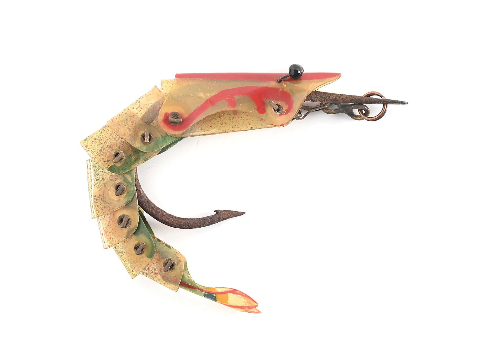 5 - 1/2" SUPERSTRIKE SHRIMP: 5 - 1/2” Length. Model number 1, described as “scarce”, having 9 body sections (all intact), and opting for the single large Tarpon hook. Black glass hat pin eyes are flawless. This 