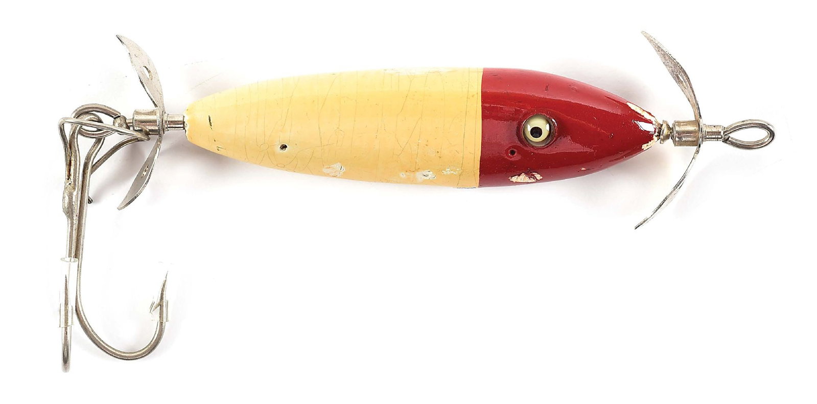 ONE HOOK EXPERT IN WHITE WITH RED HEAD: 3 - 3/8” length. With a body likely made by Clark, and probably assembled by Keeling after buying out Clark in about 1913-14, this Expert is unique in a few different ways. It employs the Clark 