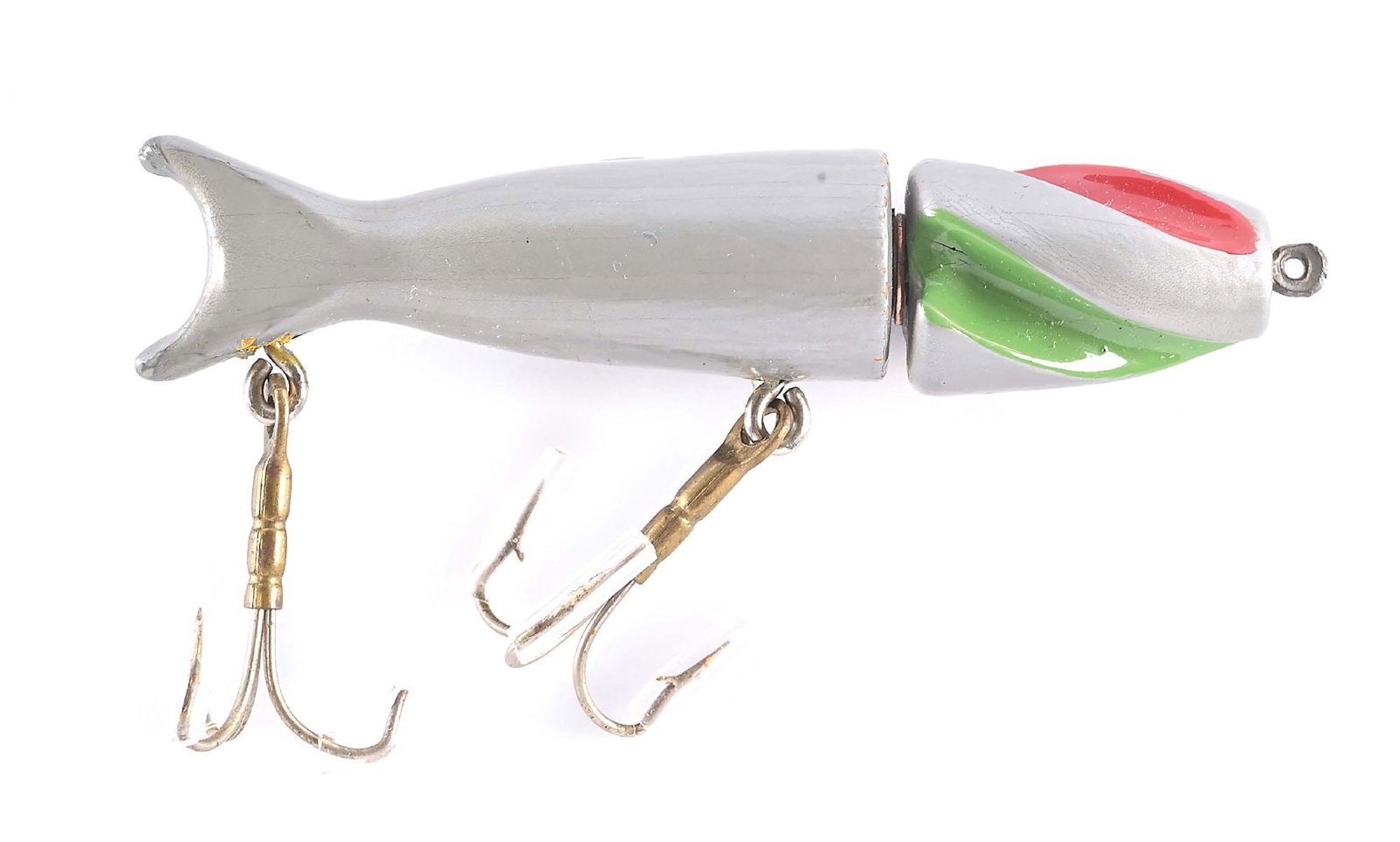 VAUGHN’S LURE IN GREY WITH RED, WHITE & GREEN FLUTES: Better color example with just a hint of wear. Measuring 3 - 1/2" long and grading Excellent Minus.