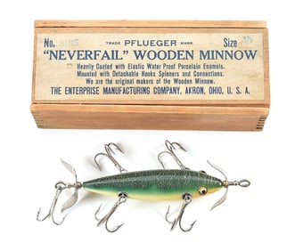 OUTSTANDING PFLUEGER NEVERFAIL MINNOW IN WOOD BOX
