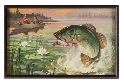 LITHOGRAPH POSTER OF A LEFT LEAPING BASS PROMOTING HEDDON’S 200 SURFACE LURE