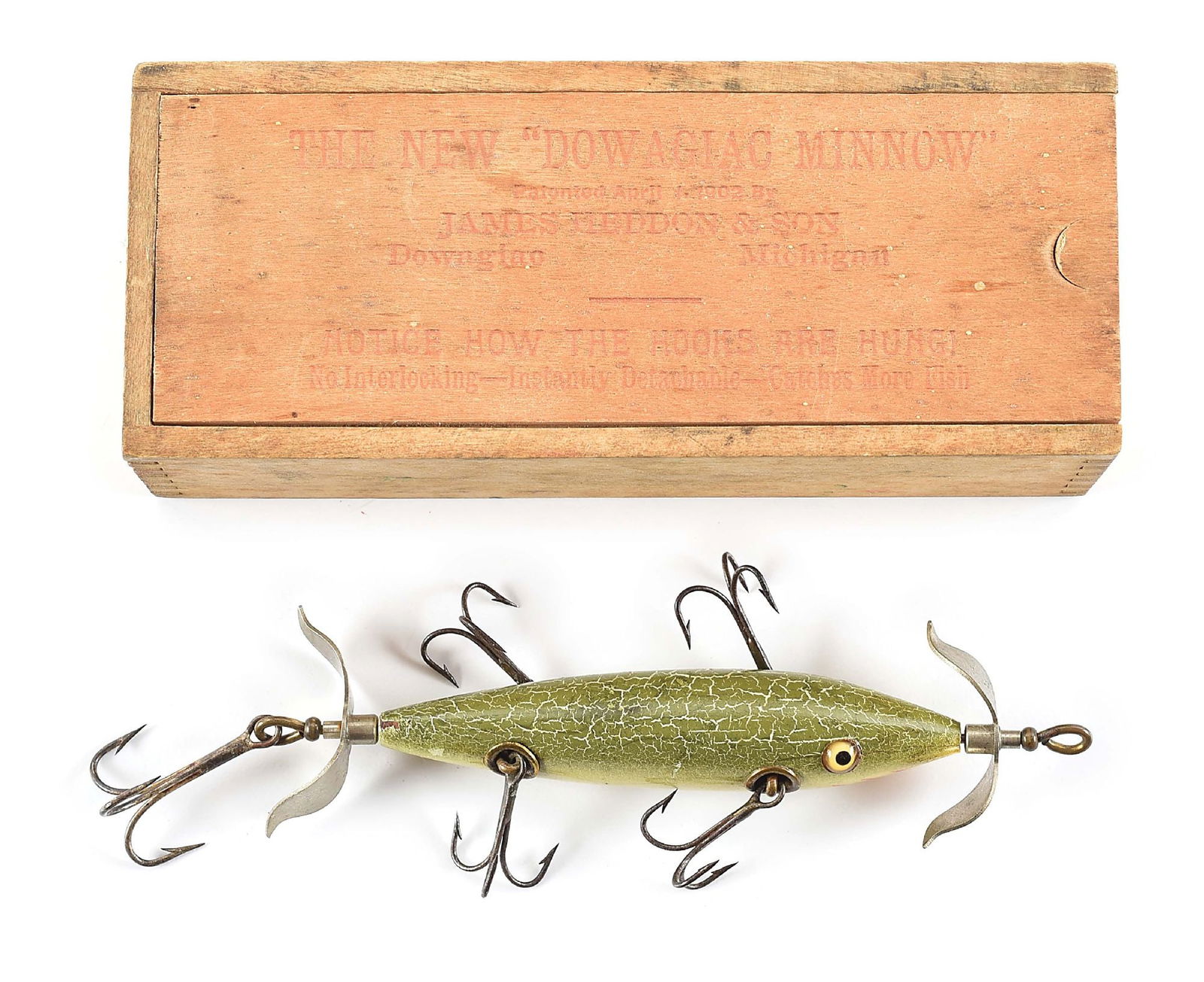 HEDDON INTRODUCTORY 3 BELLYWEIGHT 150 DOWAGIAC MINNOW IN GREEN FANCY BACK WITH CORRECT BOX (1 of 6)