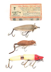 TWO HEDDON MICE, ONE IN A BOX, AND A JOINTED VAMP