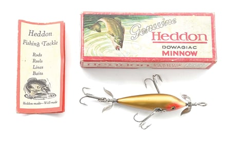 HEDDON 106 DOWAGIAC UNDERWATER MINNOW IN GOLD RED EYE WITH BOX & CATALOG