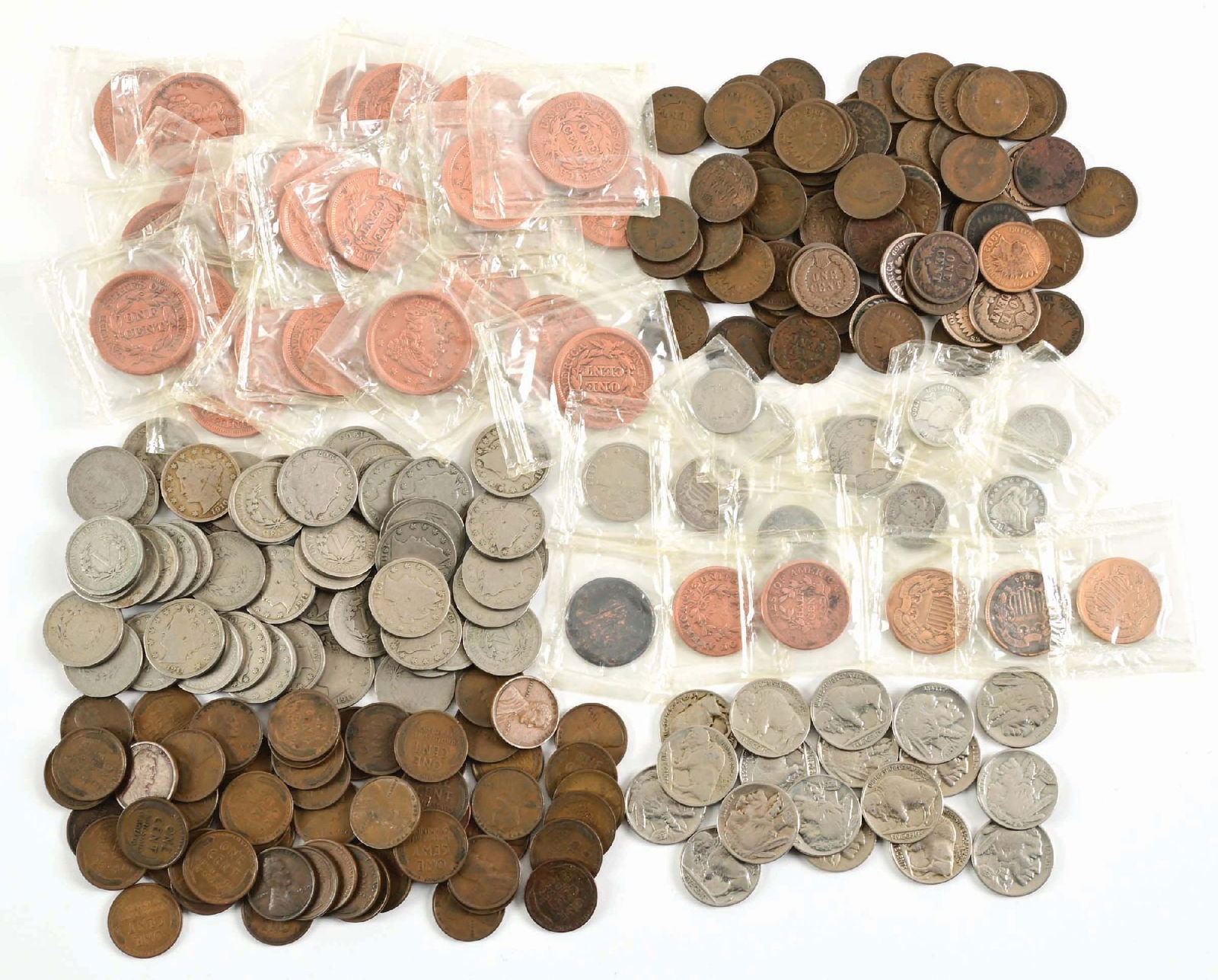 LARGE LOT OF U.S.A TYPE COINS: (A) 26 cleaned large cents, most with Full Liberty, VG - F+: one 1834, one 1837, one 1842, three 1843, two 1844, two 1845, one 1847, four 1848, three 1849, two 1850, two 1851, one 1852, one 1853, one