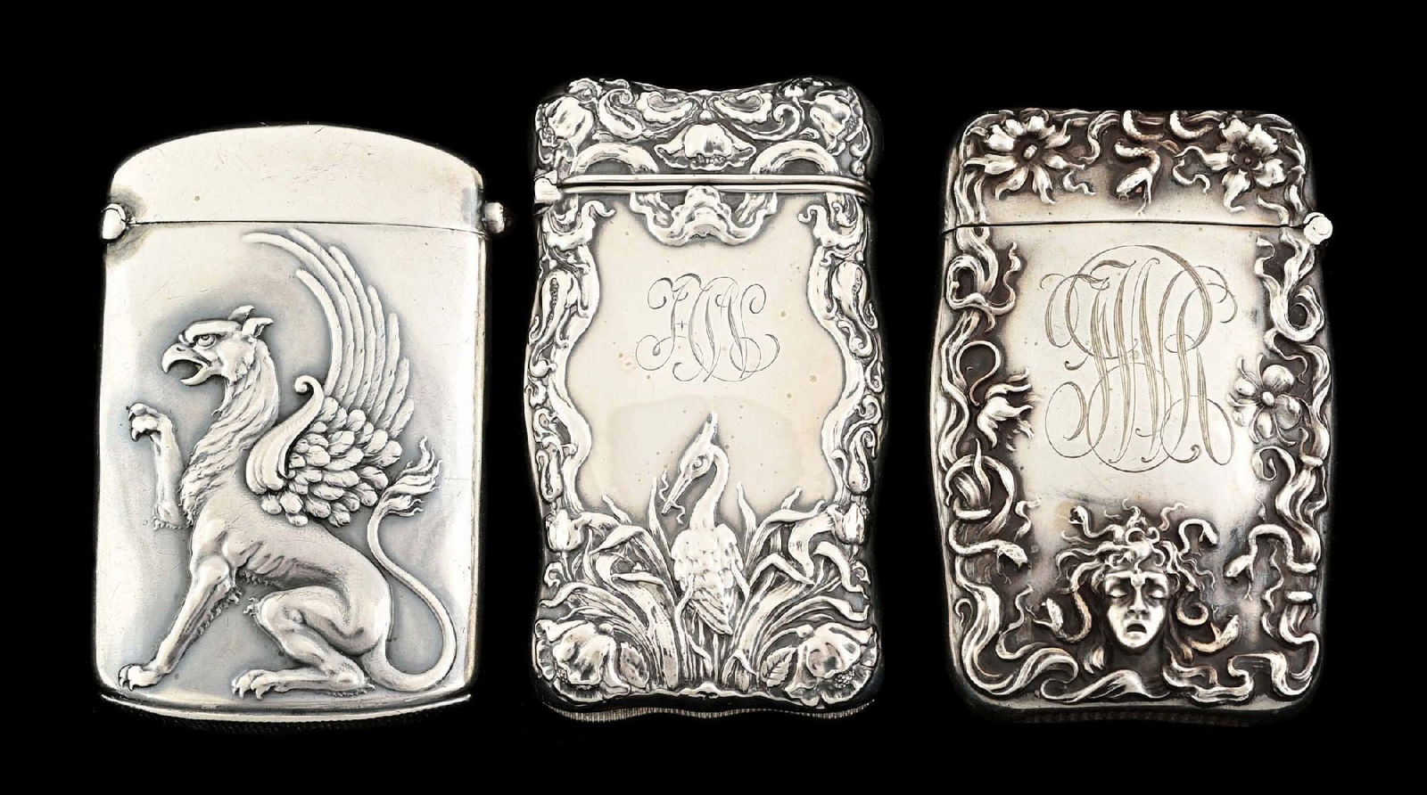LOT OF 3: STERLING SILVER MATCH SAFES W/ BIRD, GRIFFIN & FLORAL SCENES (1 of 7)