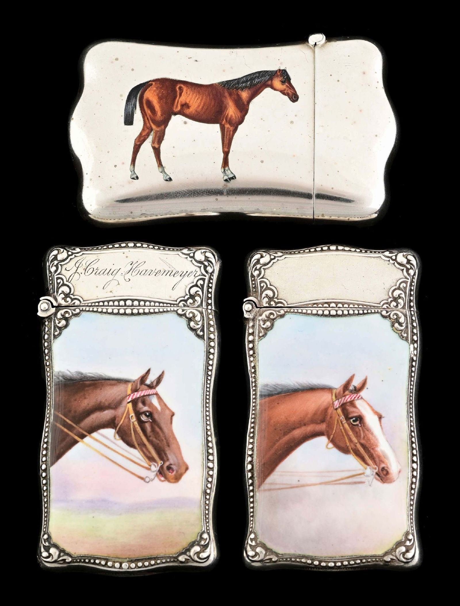LOT OF 3: STERLING SILVER MATCH SAFES W/ ENAMEL HORSES (1 of 7)