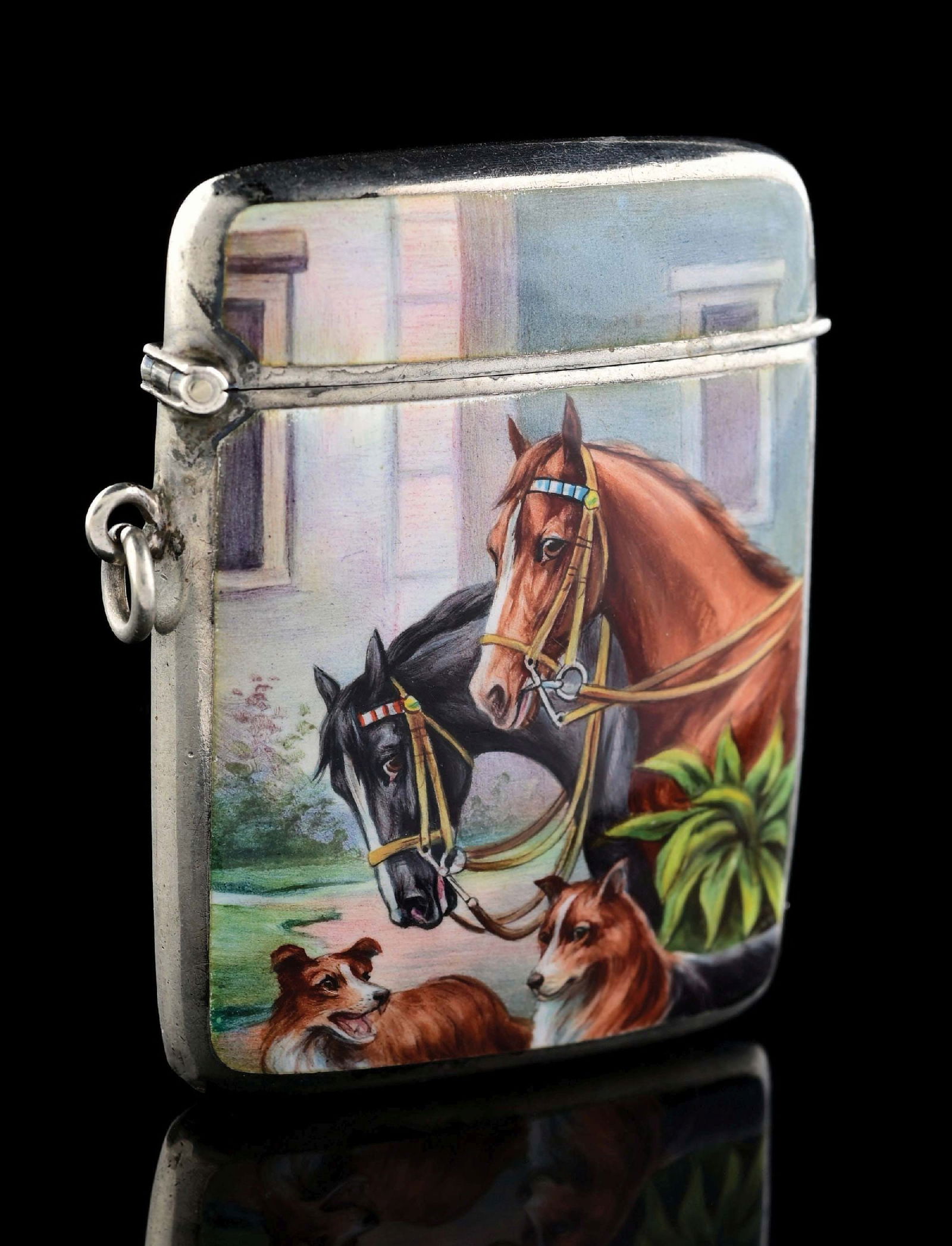 STERLING SILVER AND ENAMEL MATCH SAFE W/ 2 HORSES & 2 DOGS (1 of 6)