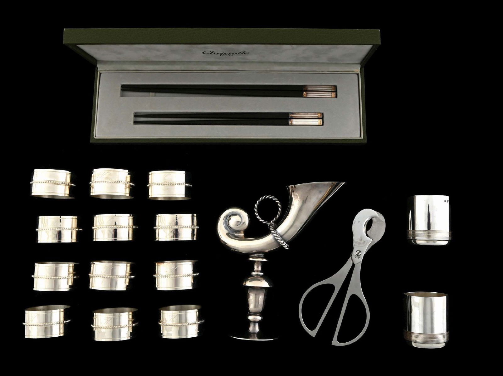 A SET OF 12 CHRISTOFLE NAPKIN RINGS, BOXED SET OF 4 SILVER-TIPPED CHOPSTICKS & OTHERS (1 of 6)