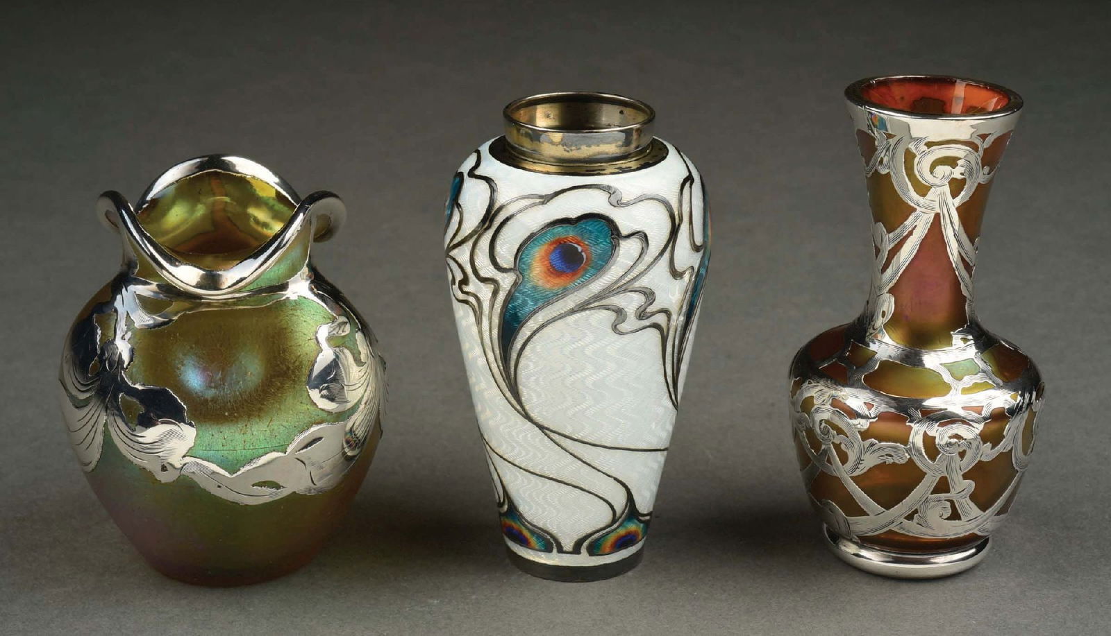 LOT OF 3: SILVER OVERLAY ART GLASS VASES & STERLING PEACOCK VASE (1 of 6)