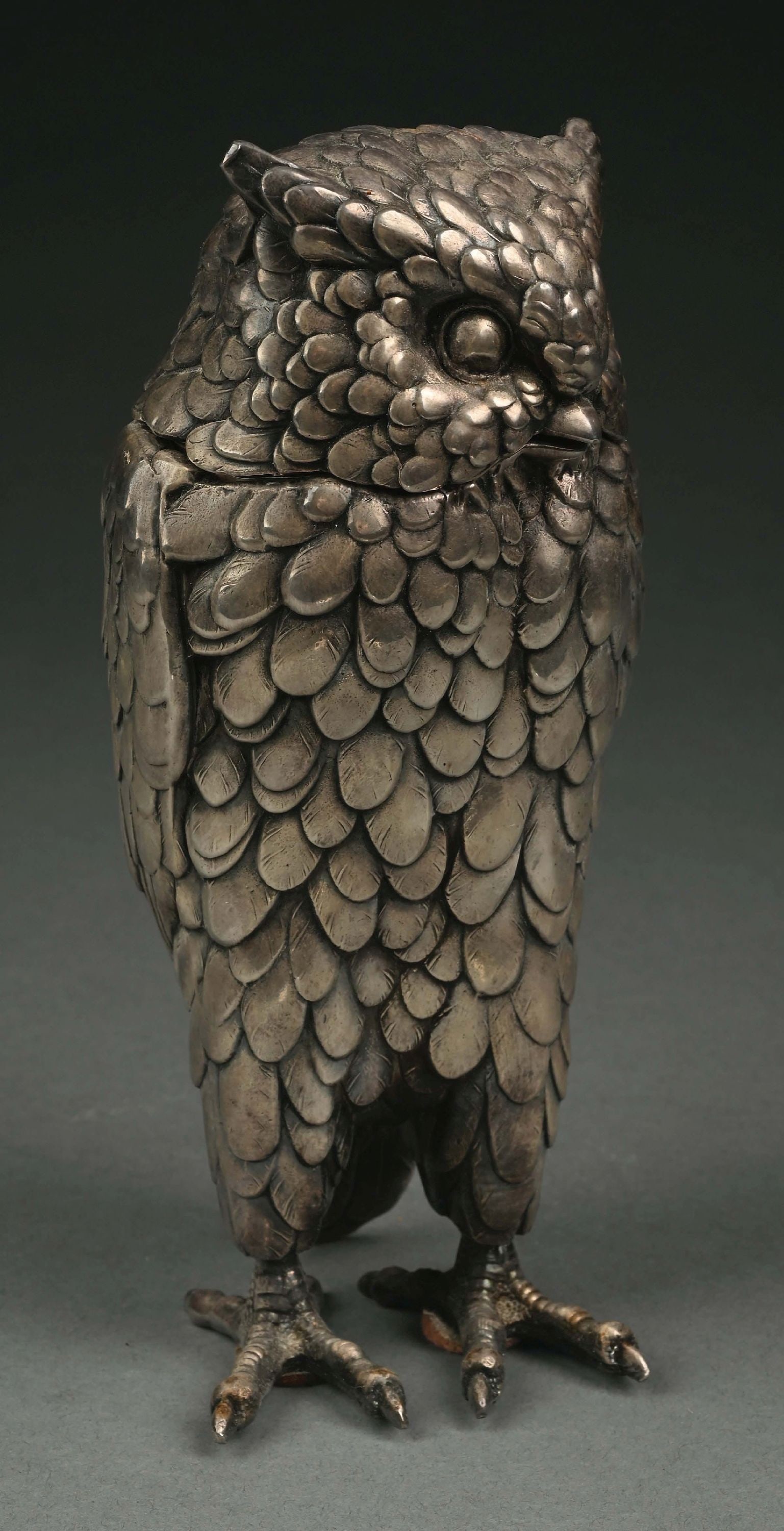 FIGURAL SILVER OWL TOBACCO HUMIDOR: This silver owl has exquisite detail. Turn of the century. Condition: (Excellent) Dimensions: 4" x 3 - 1/2" x 8 - 1/2".