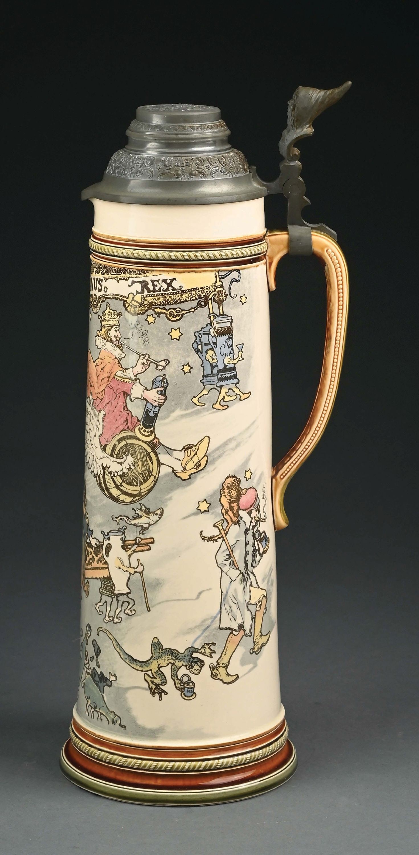 METTLACH #2262 4L GAMBRINUS SCHLITT STEIN W/ FANCY LID (1 of 7)