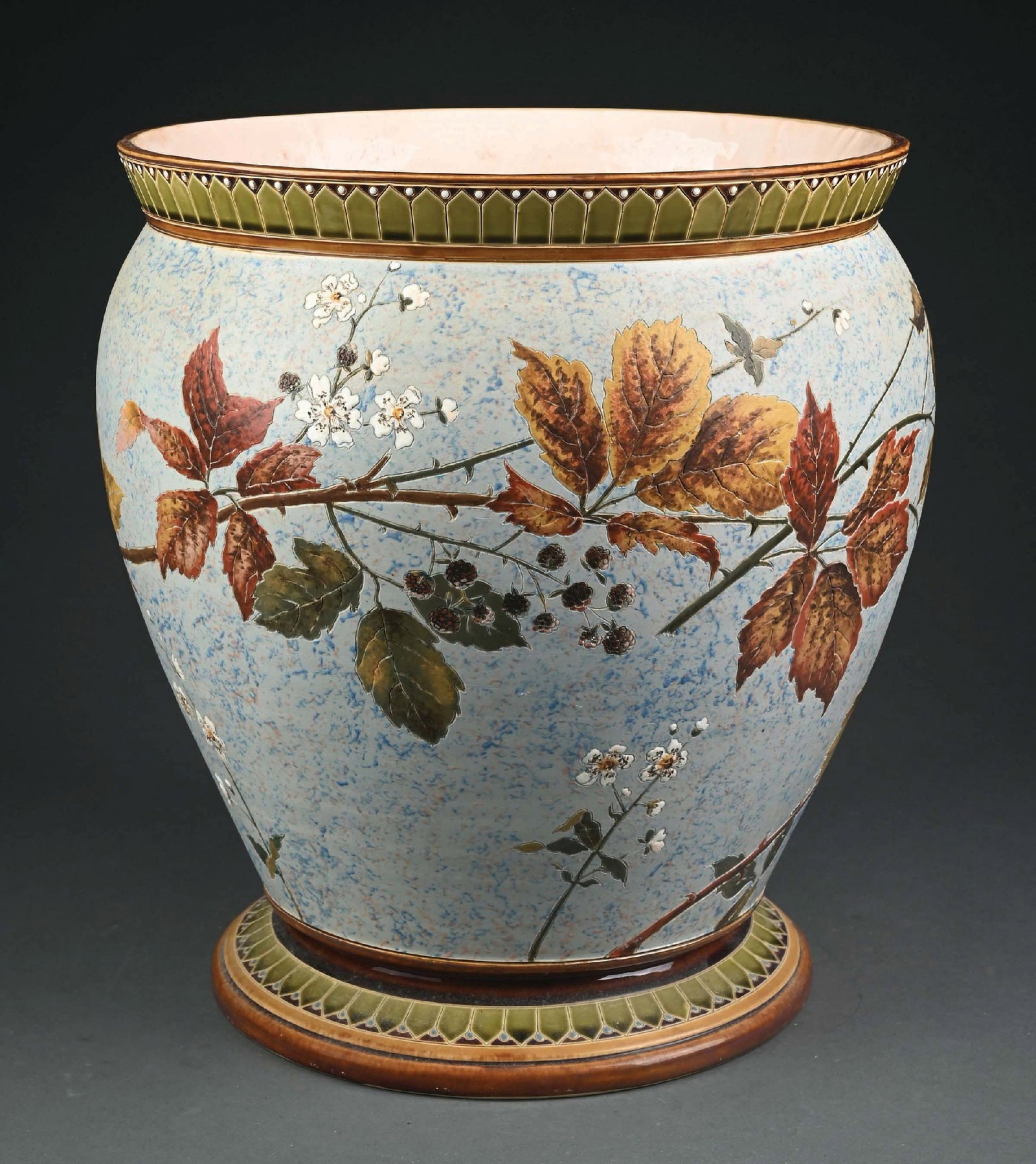 METTLACH URN W/ BIRDS: A nice Mettlach urn, which is stamped "Mettlach 1499" under the base. There is a small drill hole at the bottom of the base. Condition: (Excellent) Dimensions: 13 - 1/2" dia x 16 - 1/4" t