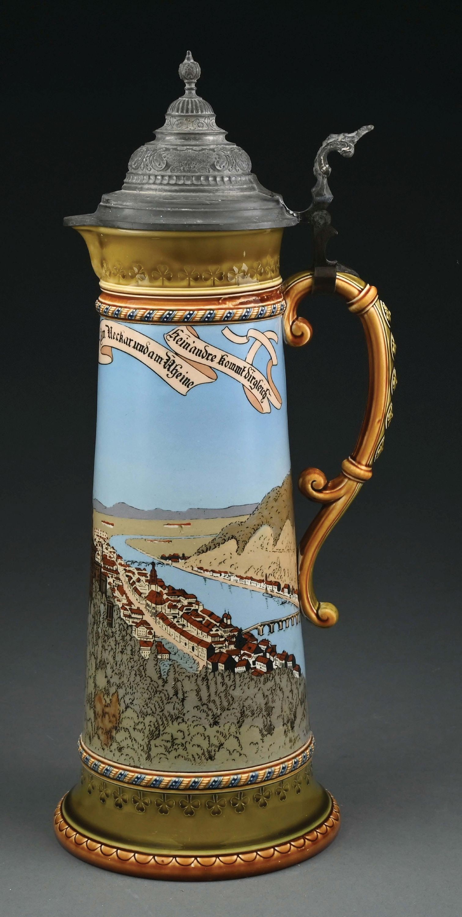 METTLACH STEIN #2796 W/ HEIDELBERG CASTLE SCENE: Mettlach #2796 Etched 3L. Heidelberg castle scene. Inlay lid. Condition: (Excellent) Dimensions: 7 - 1/2" x 6 - 3/4" x 18".