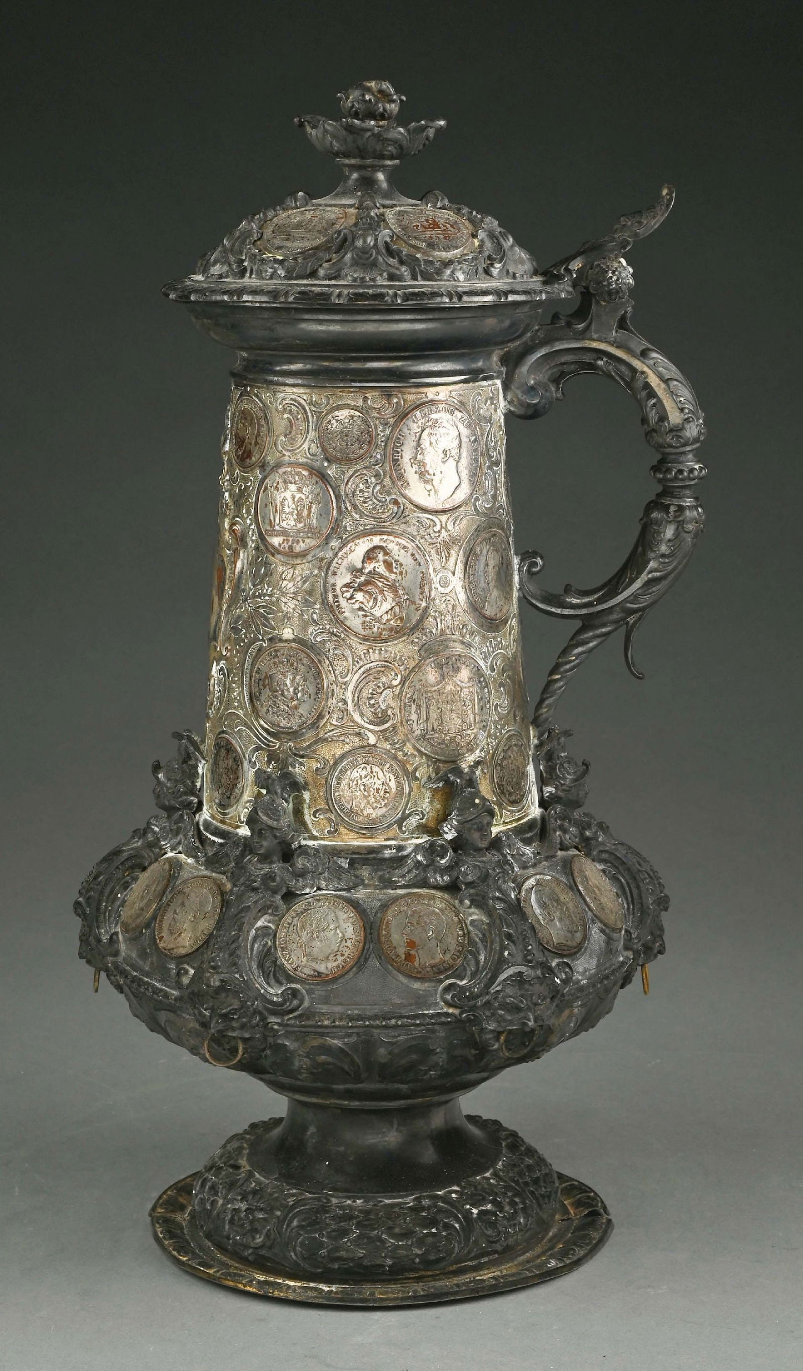 GERMAN SILVER PLATED COIN DESIGN METAL STEIN (1 of 5)