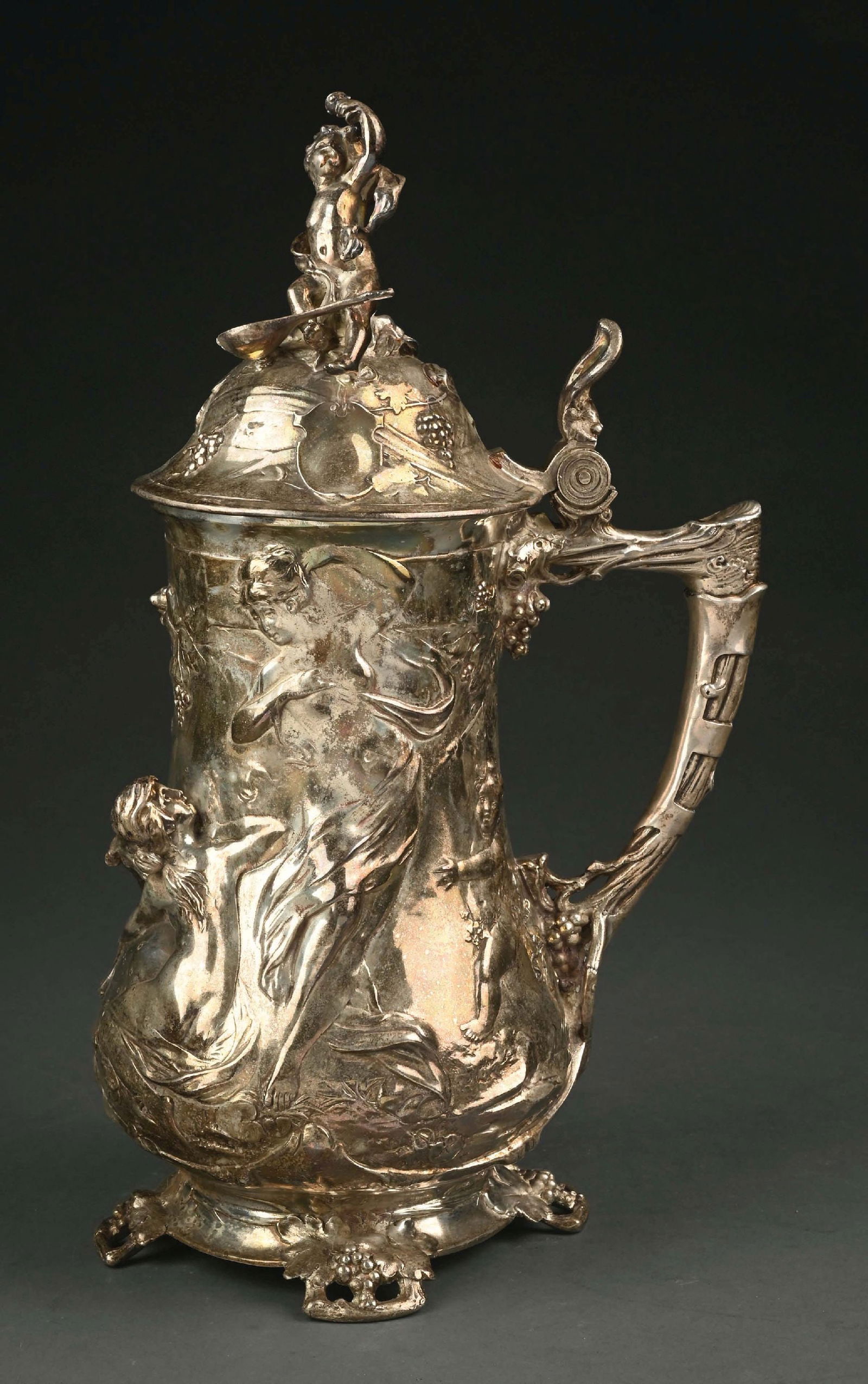 ORIVIT ART NOUVEAU SILVER-PLATED METAL TANKARD W/ PAN PLAYING MUSIC IN RELIEF (1 of 5)