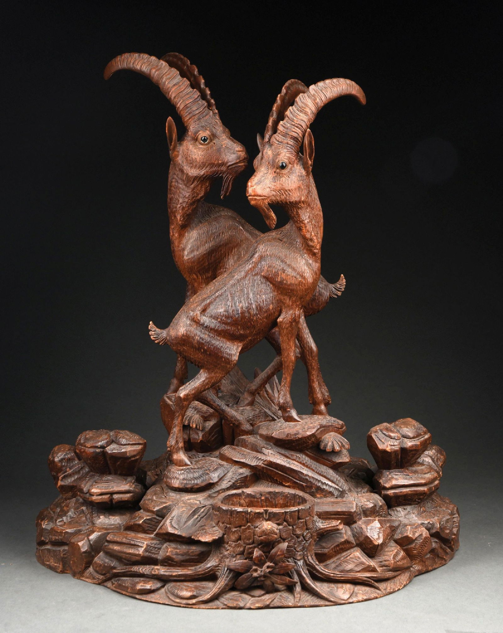 LARGE BLACK FOREST CARVED WOODEN MOUNTAIN GOATS ON ROCK FORMED BASE (1 of 5)