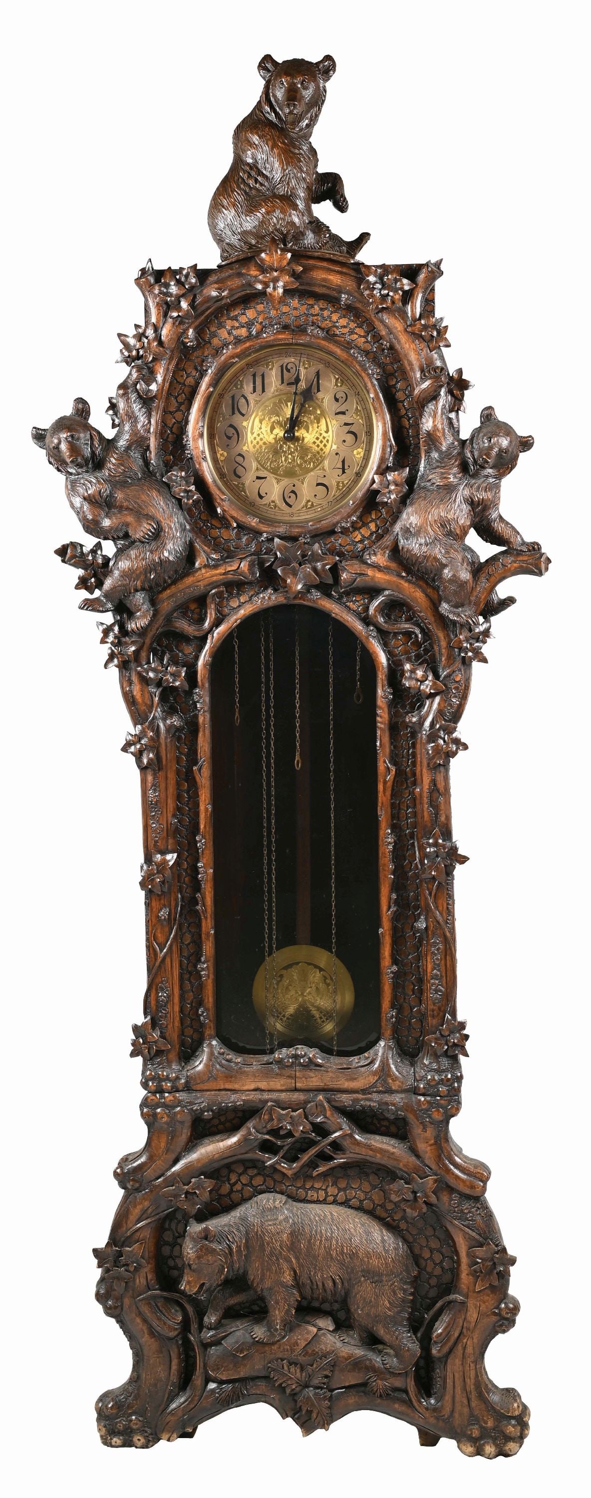 MONUMENTAL BLACK FOREST TALL CASE CLOCK CARVED 2-PANEL GRANDFATHER CLOCK WITH THREE BEARS AND GRAPE (1 of 8)