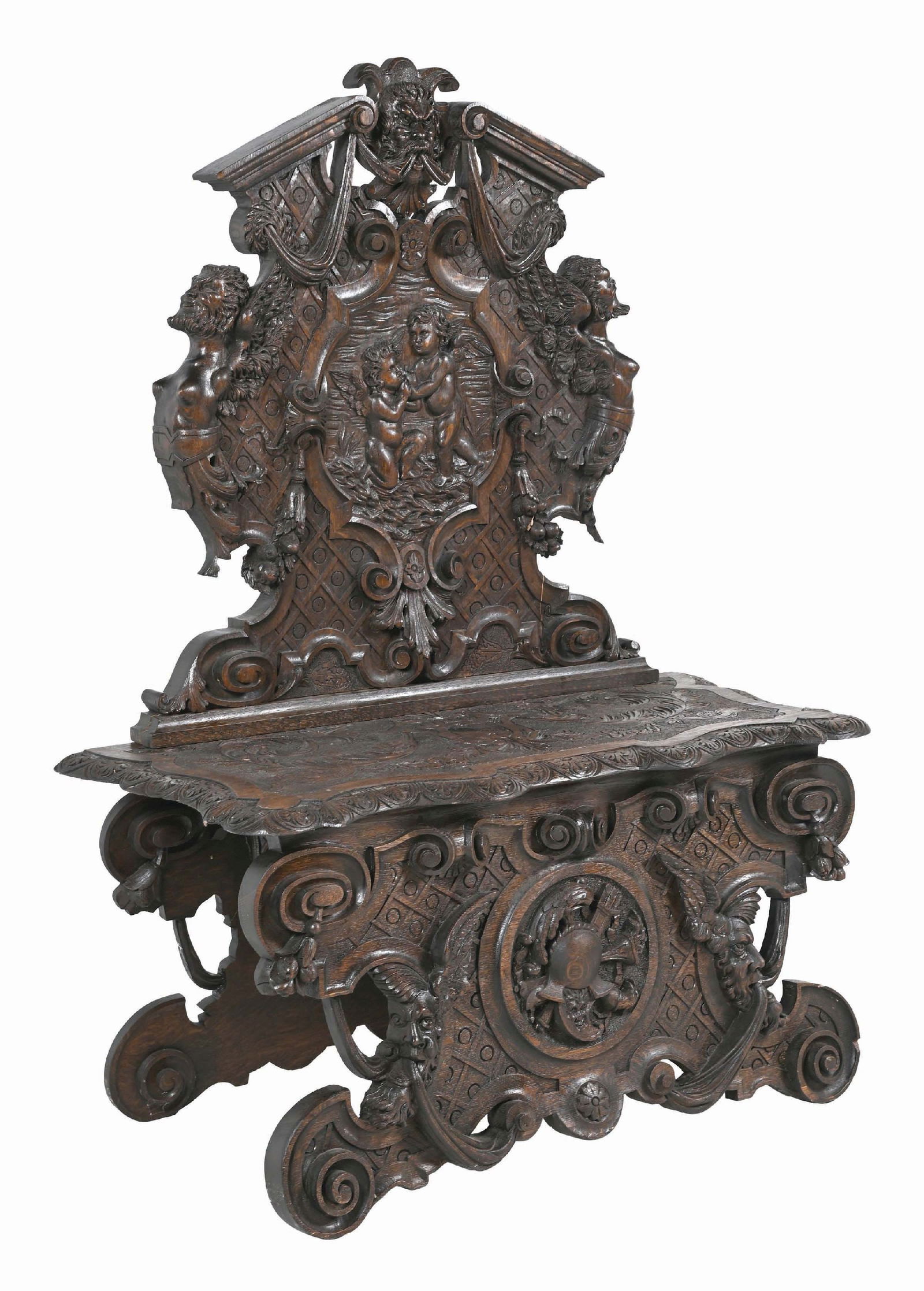BLACK FOREST GOTHIC STYLE CARVED WOOD BENCH W/ CHERUBS & SATYR (1 of 6)