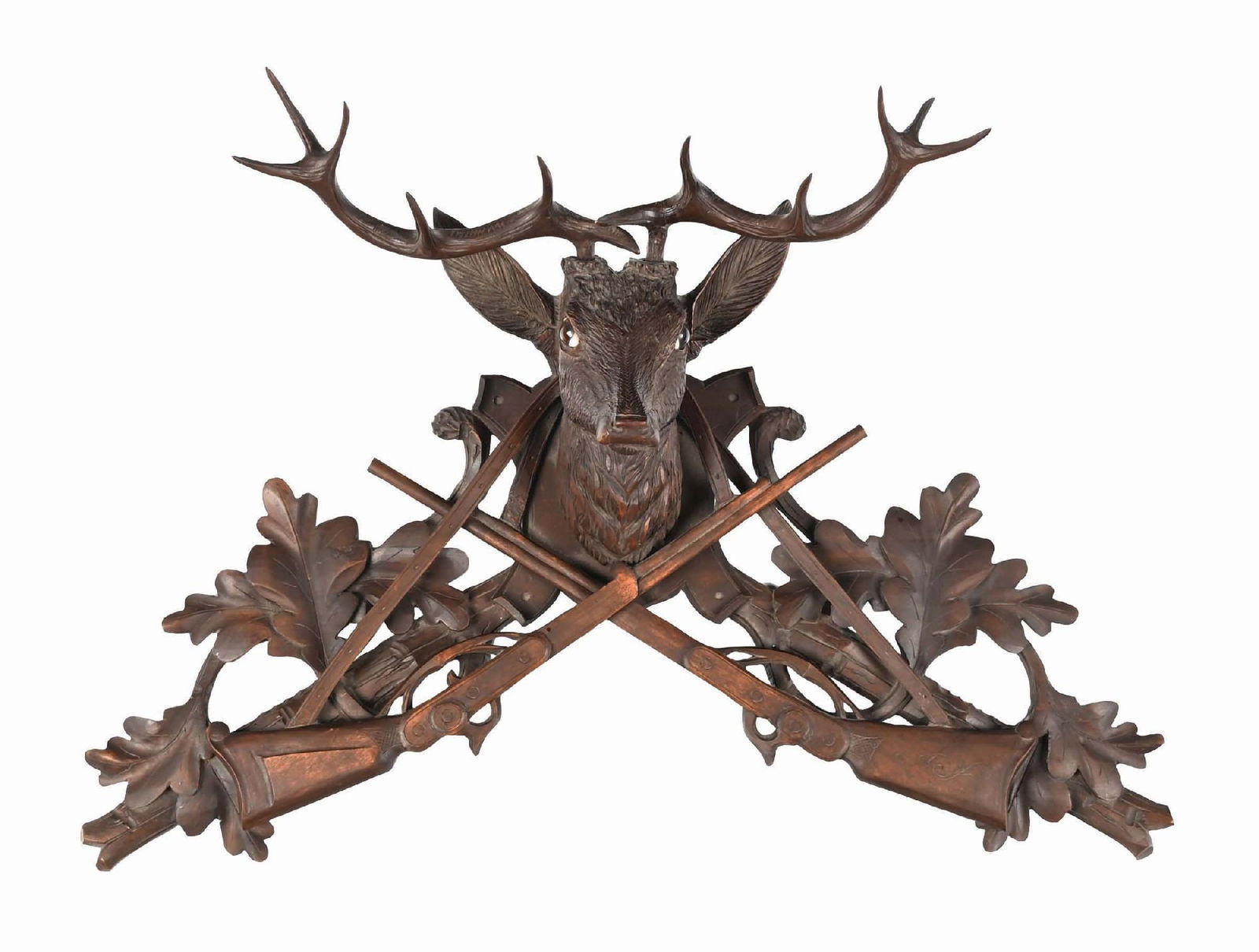 BLACK FOREST DEER AND RIFLE WALL HANGER: Nice black forest deer head and rifles. May have been used as a coat rack. Nice detail. Walnut. Condition: (Excellent) Dimensions: 28" x 9" x 20".