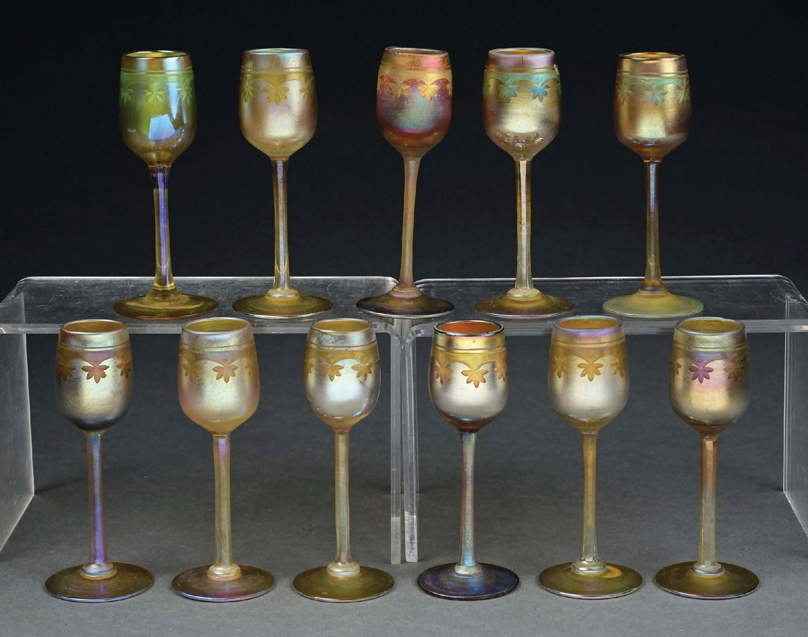 LOT OF 12: TIFFANY STUDIOS FAVRILE GLASS CORDIAL GLASSES (1 of 6)