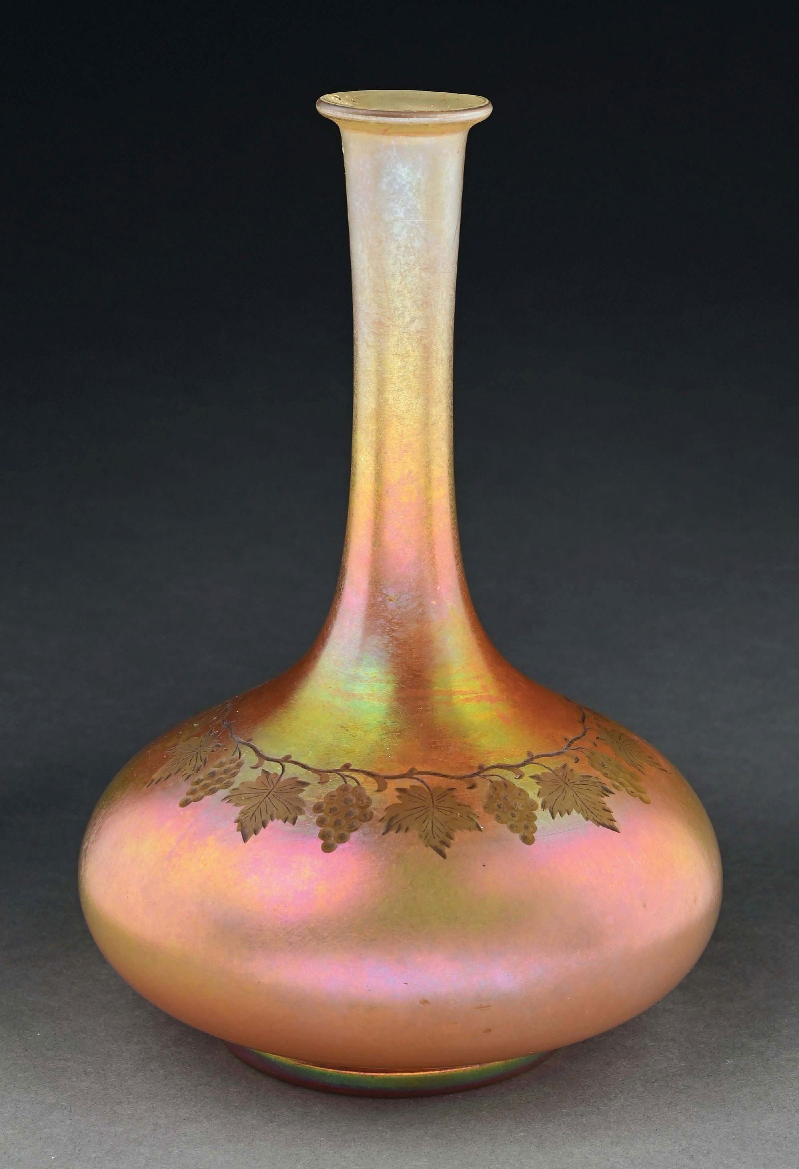 TIFFANY STUDIOS FAVRILE GLASS GRAPE BUD FORM VASE W/ ETCHED GRAPES (1 of 6)