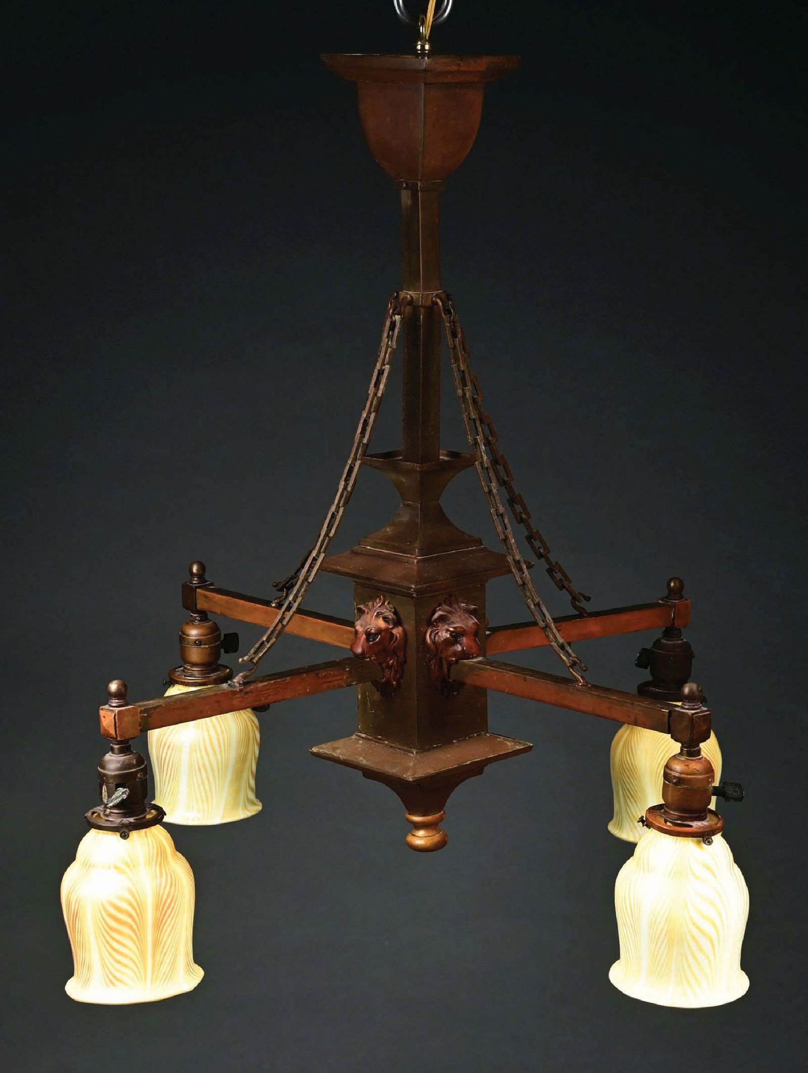 ARTS & CRAFTS LION HEAD HANGING FIXTURE W/ 4 PULLED FEATHER ART GLASS SHADES (1 of 4)