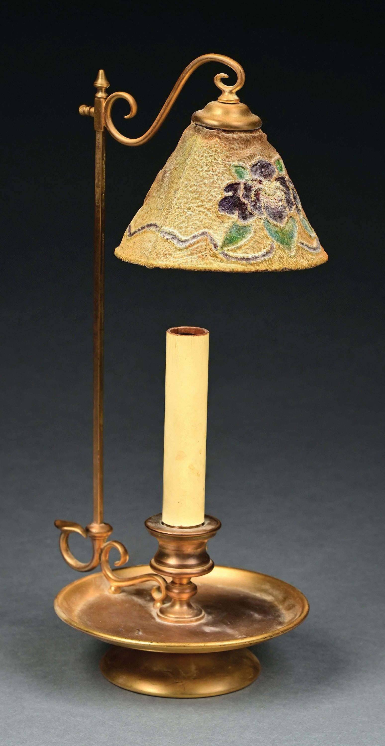 TIFFANY STUDIOS CANDLESTICK LAMP W/ LINEN & ENAMEL SHADE (1 of 6)