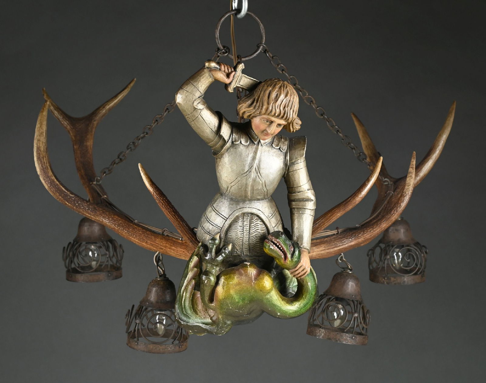 KNIGHT SLAYING DRAGON ANTLER HANGING CHANDELIER (1 of 5)