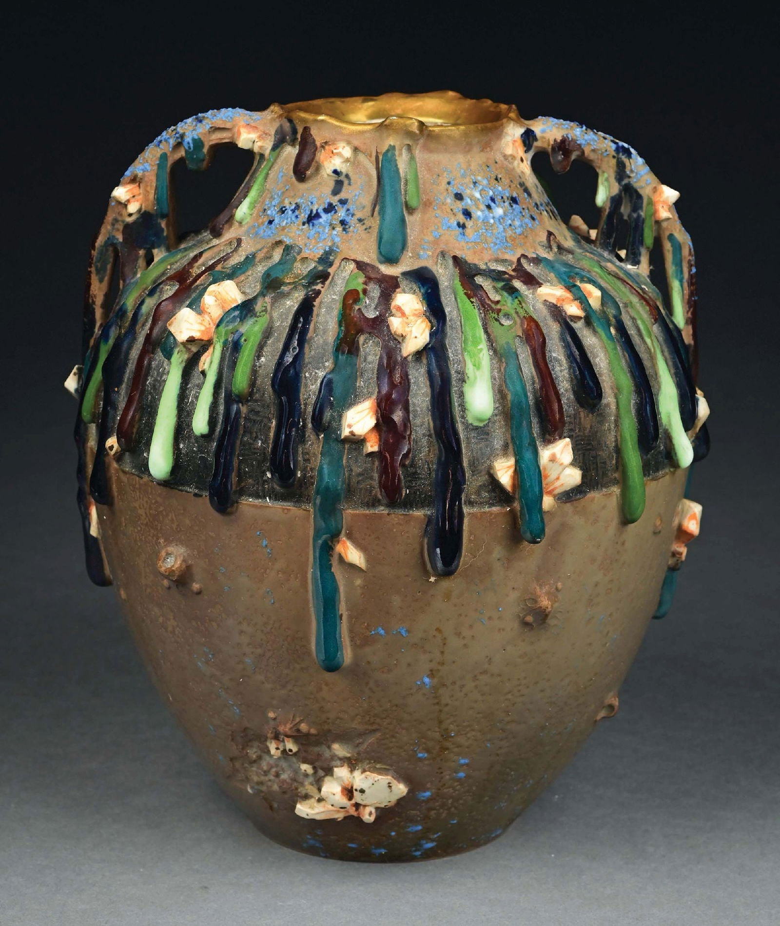 ERNEST WAHLISS LARGE 2-HANDLED DRIPPING CRYSTALS VASE: C. 1908. Matte and high-fired multicolored glazes. Red EW mark on the bottom, impressed "9246 9." The vase is illustrated in The House of Amphora , Scott, p. 289. Condition: (Mint) Dimensions: 8 - 1/2