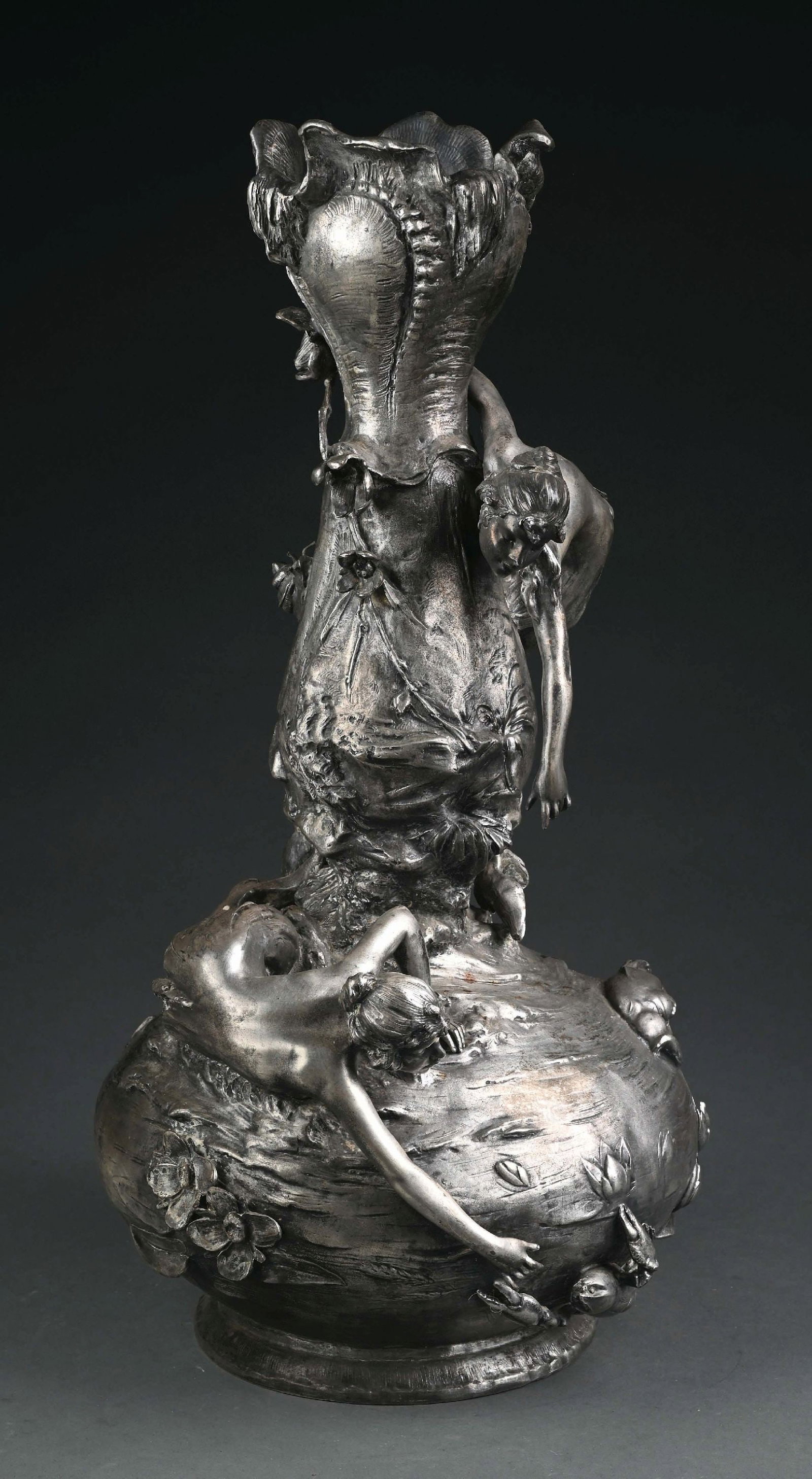 MONUMENTAL ART NOUVEAU VASE PEWTER MERMAID VASE,: c. 1900. Playful mermaids frolicking with seas life. Condition: (Mint) Dimensions: 10" x 10" x 23".