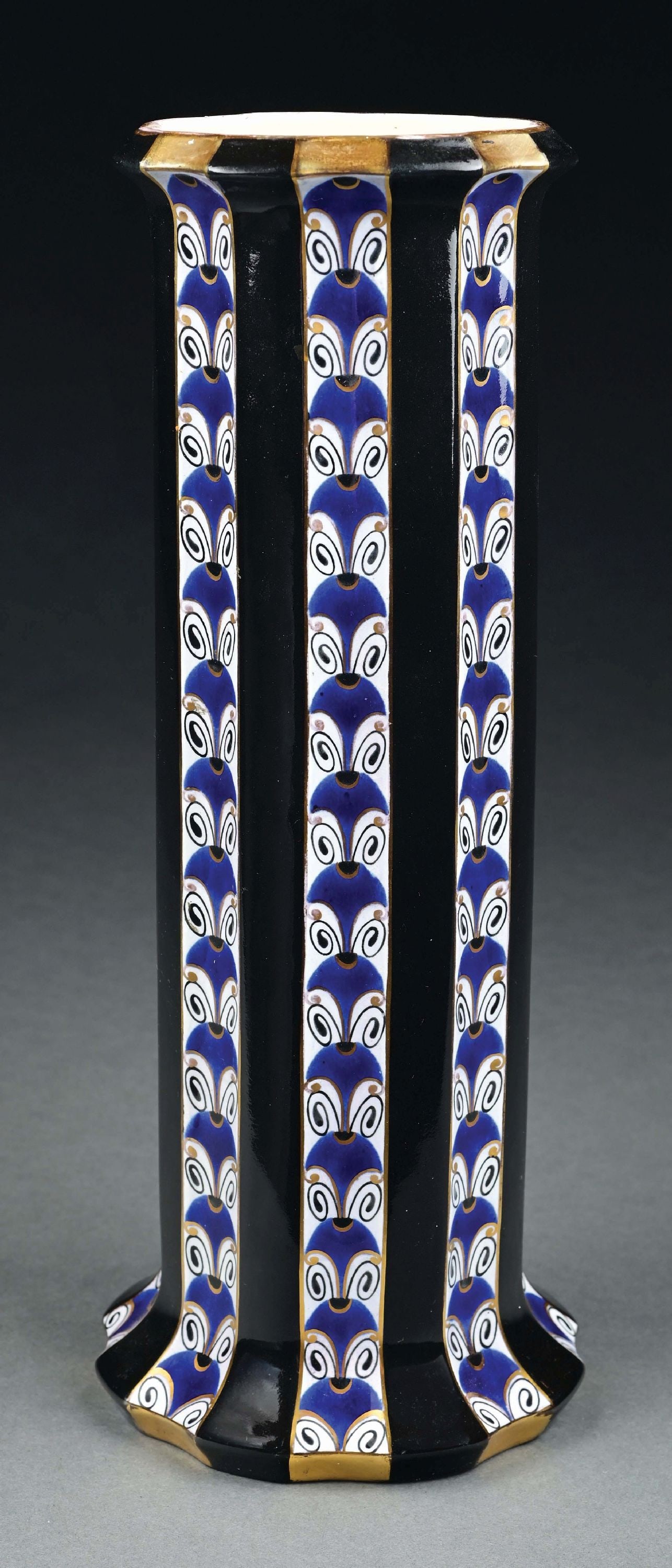 SERAPIS WAHLISS KARL KLAUS DESIGNED ENAMEL GLAZED VASE: Serapis-Wahliss made by Ernst Wahliss, Austria, c. 1911. Strong Secessionist decoration with applied gold gilt. Serapis Wahliss stamp, impressed "9702." Condition: Dimensions: 5" x 5" x 13 - 1/4".