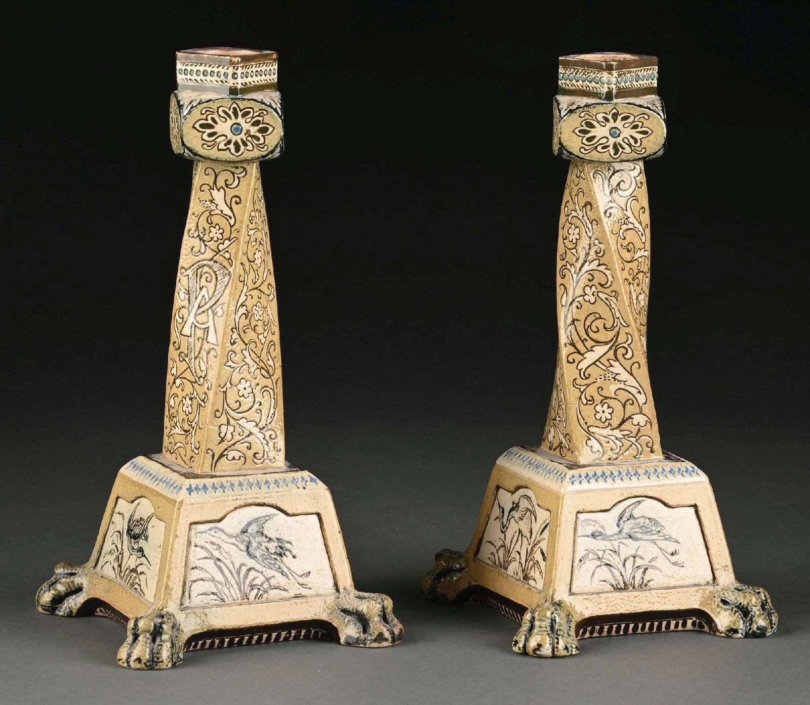 MARTIN BROTHERS SALT GLAZED EARTHENWARE PAIR OF CANDLESTICKS (1 of 7)
