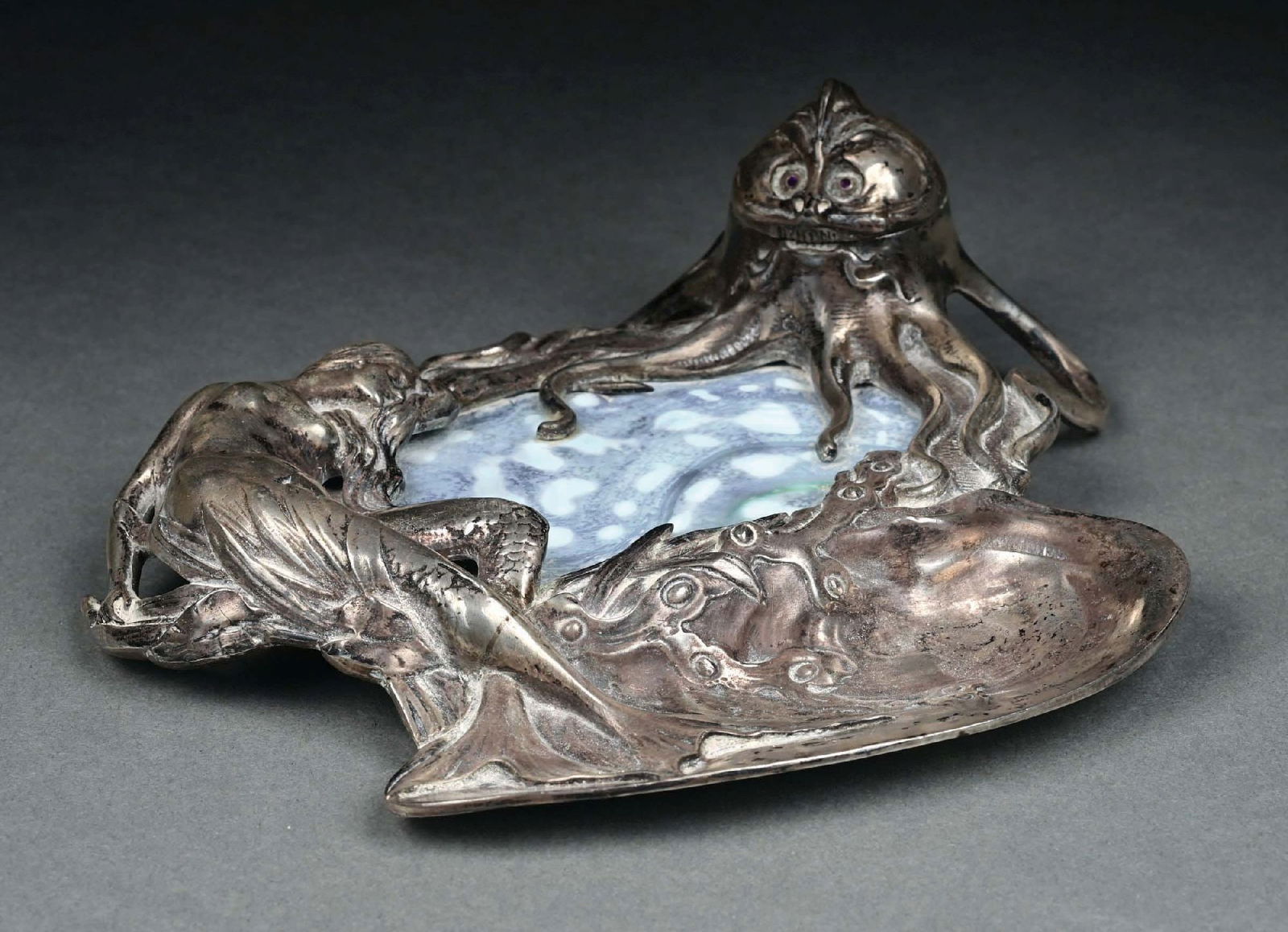 ART NOUVEAU OCTOPUS & MERMAID BRONZE & GLASS INKWELL (1 of 4)