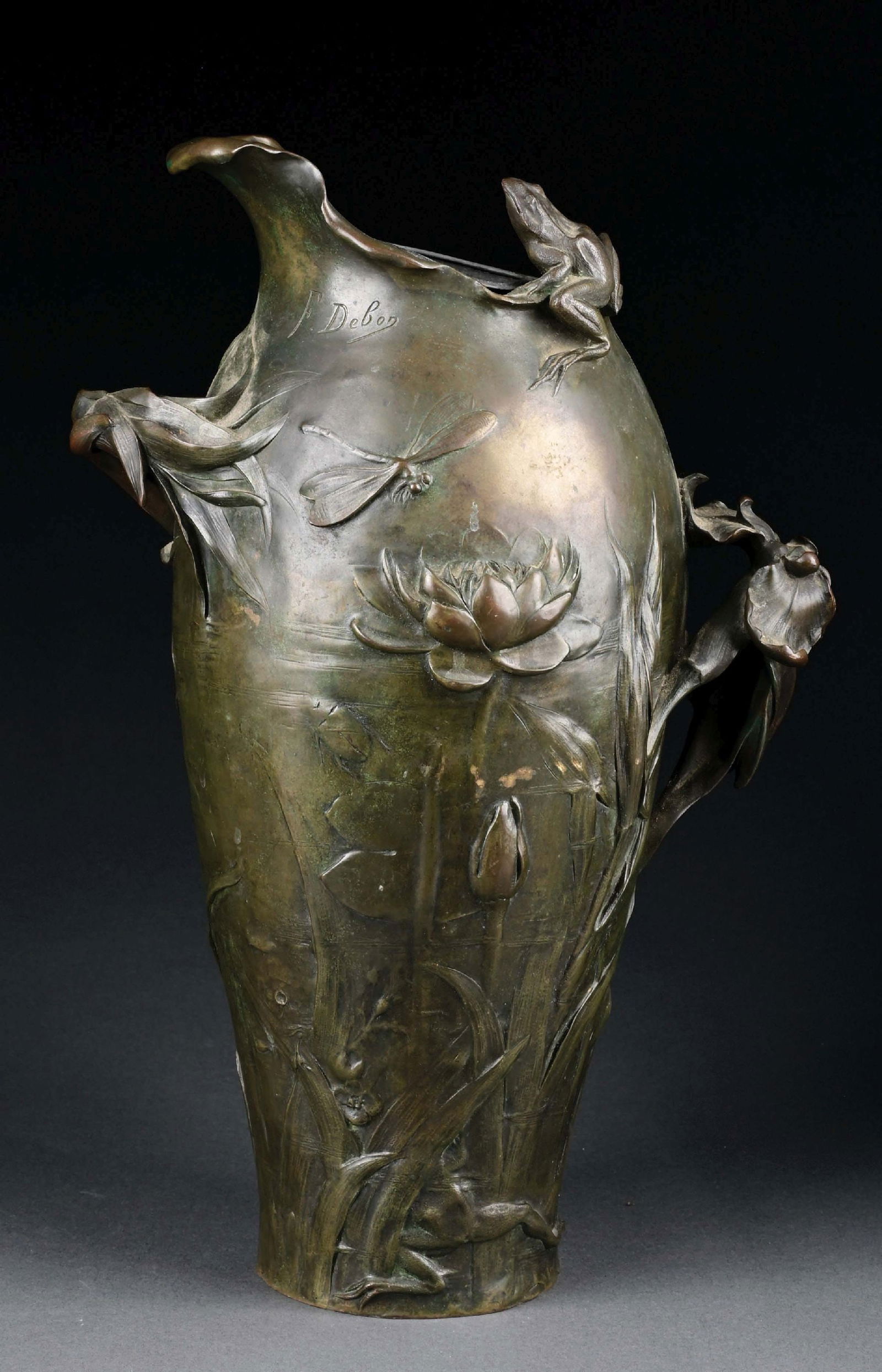 FRENCH ART NOUVEAU BRONZE "THE POND" BY FREDRIC DEBON, C. 1910: Decorated with waterlilies, frogs and dragonflies. Signed "F. Devon," "Susse Freres Paris Edt." and Susse Foundry stamp. Good condition with some patina loss. Condition: (Good) Dimensions: 10" x 6" x