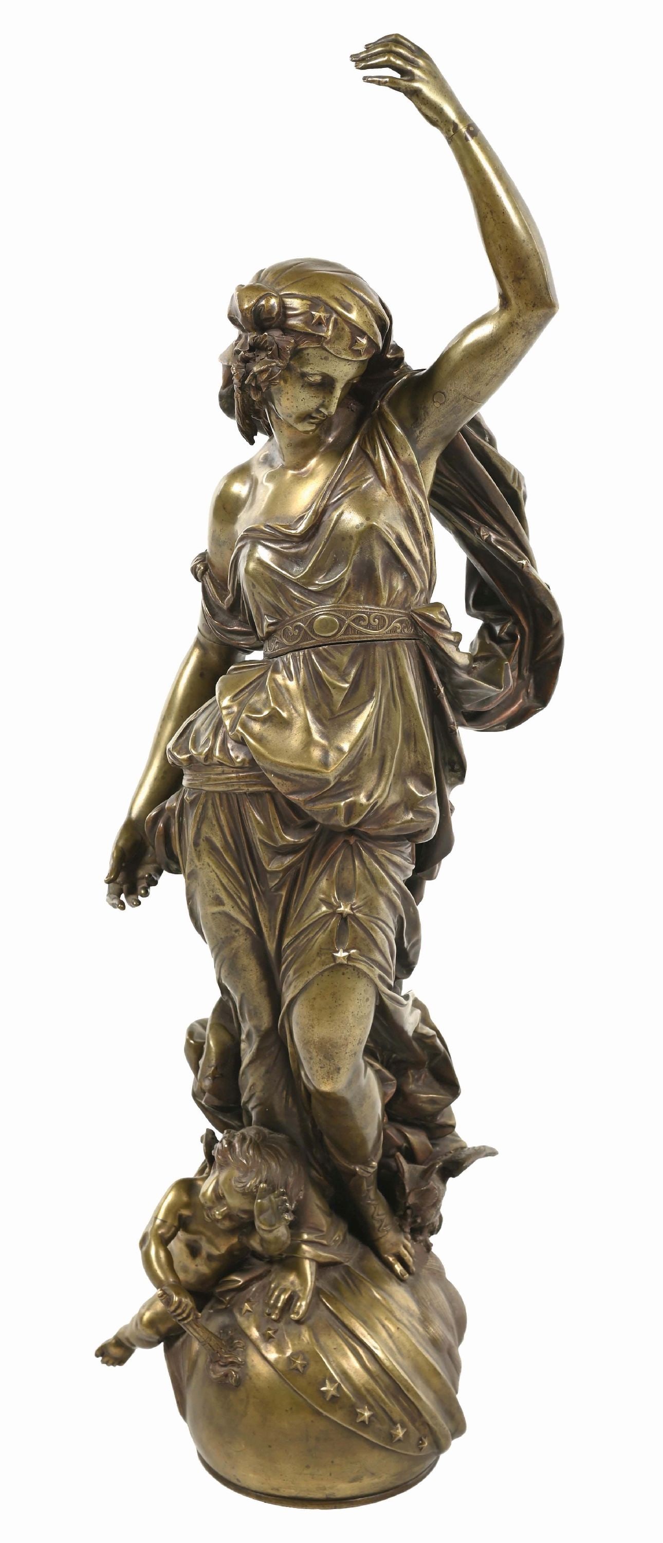 TALL 19TH CENTURY BRONZE SCULPTURE, POSSIBLY THE "ALLEGORY OF DAWN": C. 1880s. Unsigned. Fair condition, missing element on Dawn's head, pins loose, lacking base. This is not a standard shippable item and will require 3rd party shipping or pickup arrangements to be mad