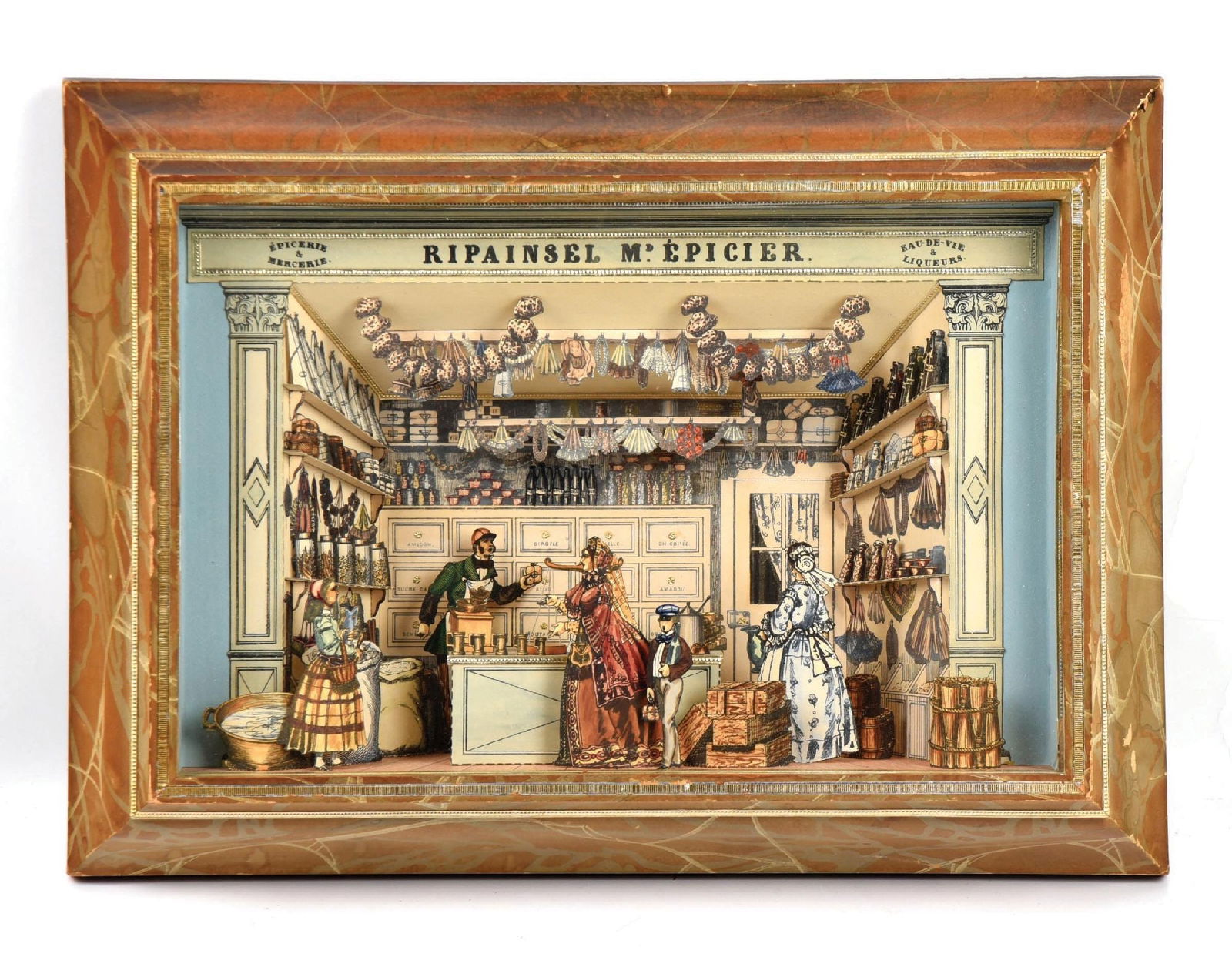 FRENCH DIORAMA SHADOWBOX: Complete liquor store diorama marked "Ripainsel Md. Epicier." Minor chips to wooden frame. Condition: (Excellent) Dimensions: 22" x 4" x 16".