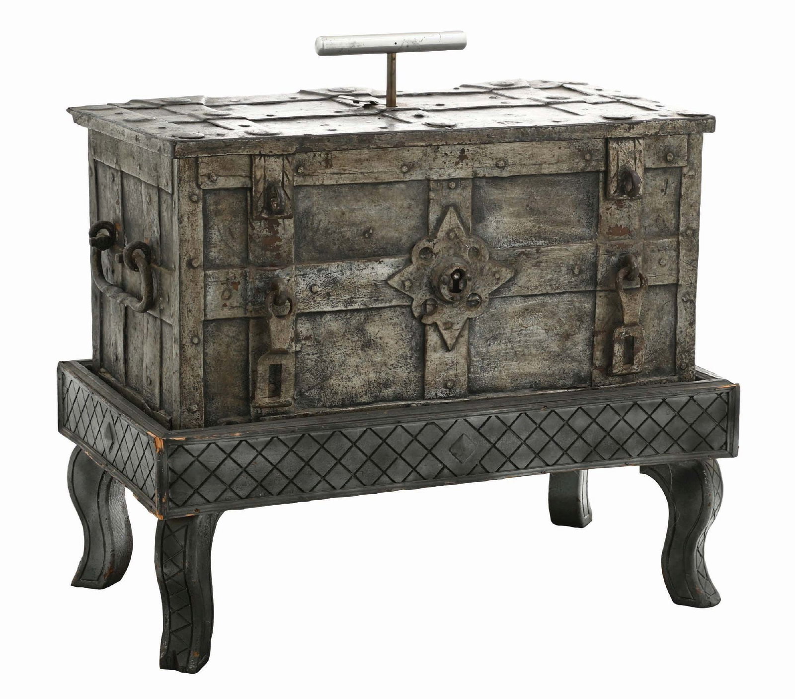 EARLY 18TH CENTURY ADMIRALS SHIPS STORAGE CHEST: Very early original ship's chest, often referred to as an admirals chest. Heavy steel construction, very elaborate locking mechanism and key. CONDITION: Showing wear from age, little to no surface rus