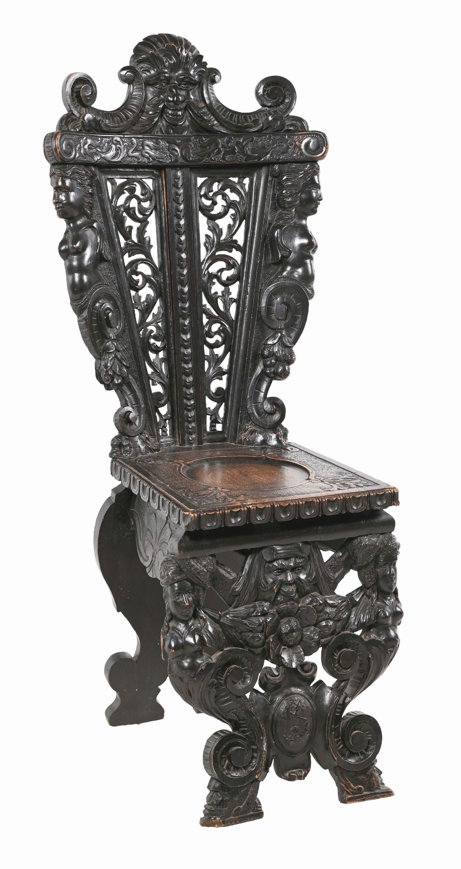 19TH C. ITALIAN CARVED WALNUT WOOD FIGURAL HALL SIDE CHAIR (1 of 6)
