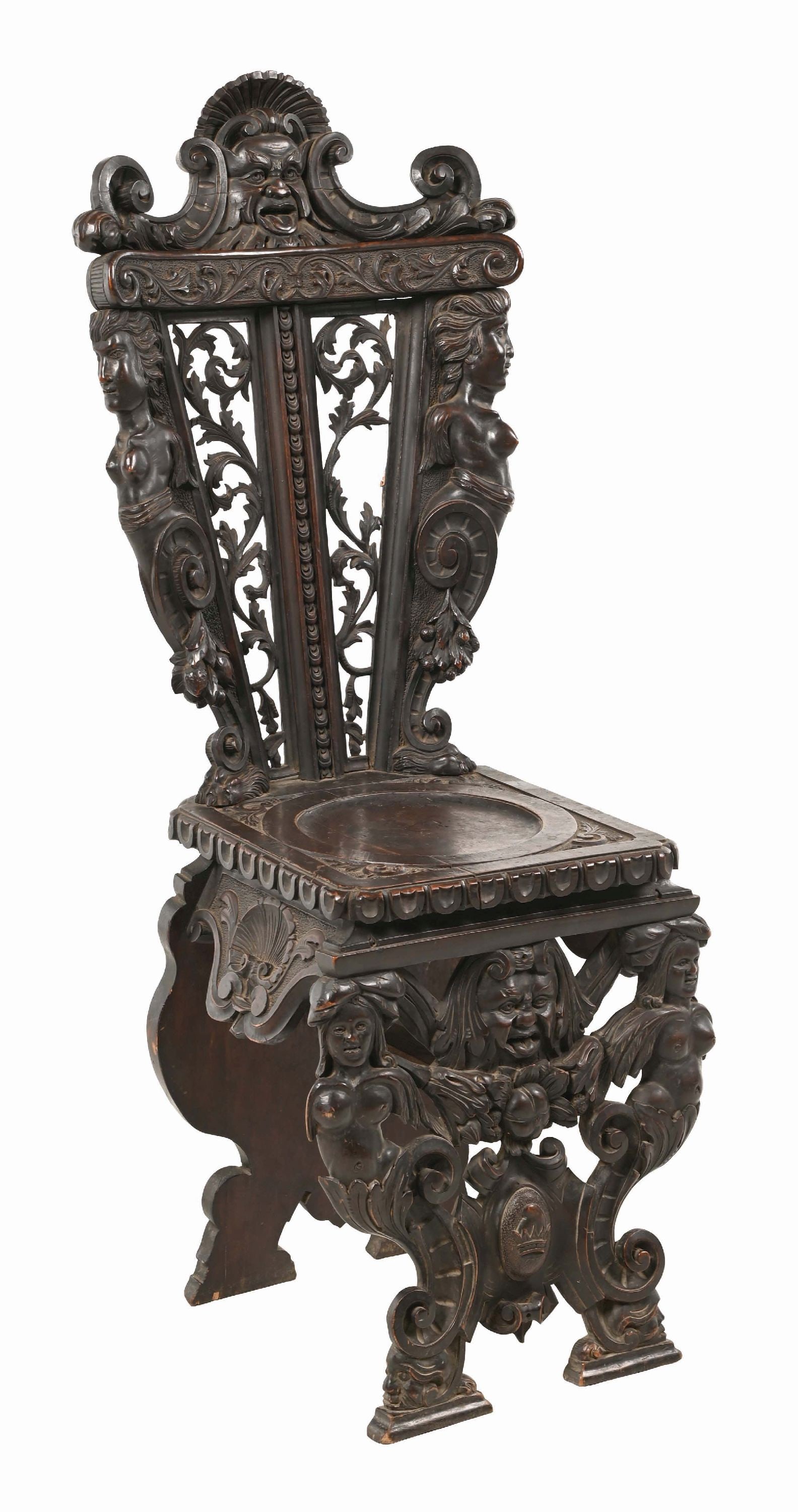 19TH C. HIGHLY CARVED WALNUT WOOD FIGURAL HALL SIDE CHAIR (1 of 6)