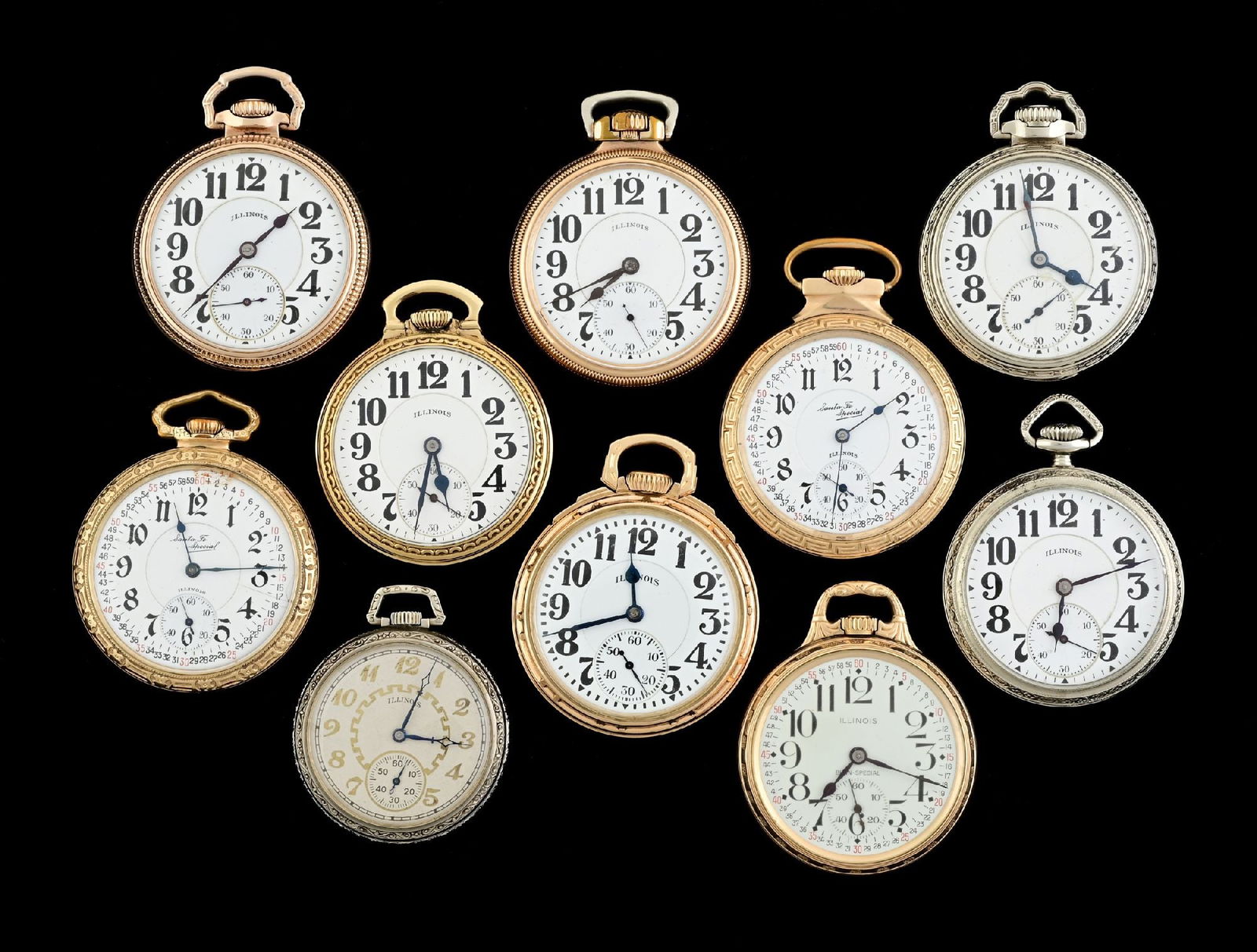 LOT OF 10: OPEN FACE ILLINOIS POCKET WATCHES (1 of 3)