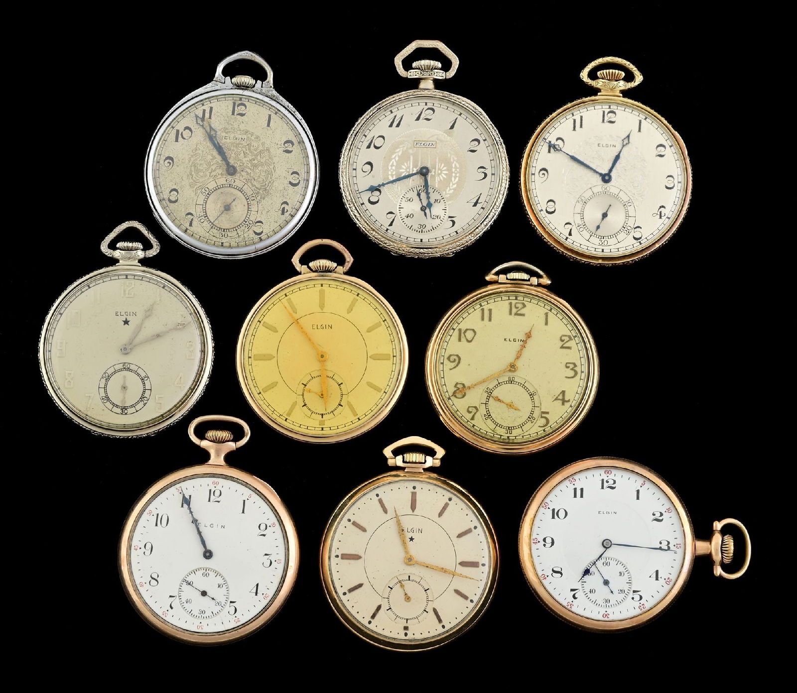 LOT OF 9: OPEN FACE ELGIN POCKET WATCHES (1 of 3)