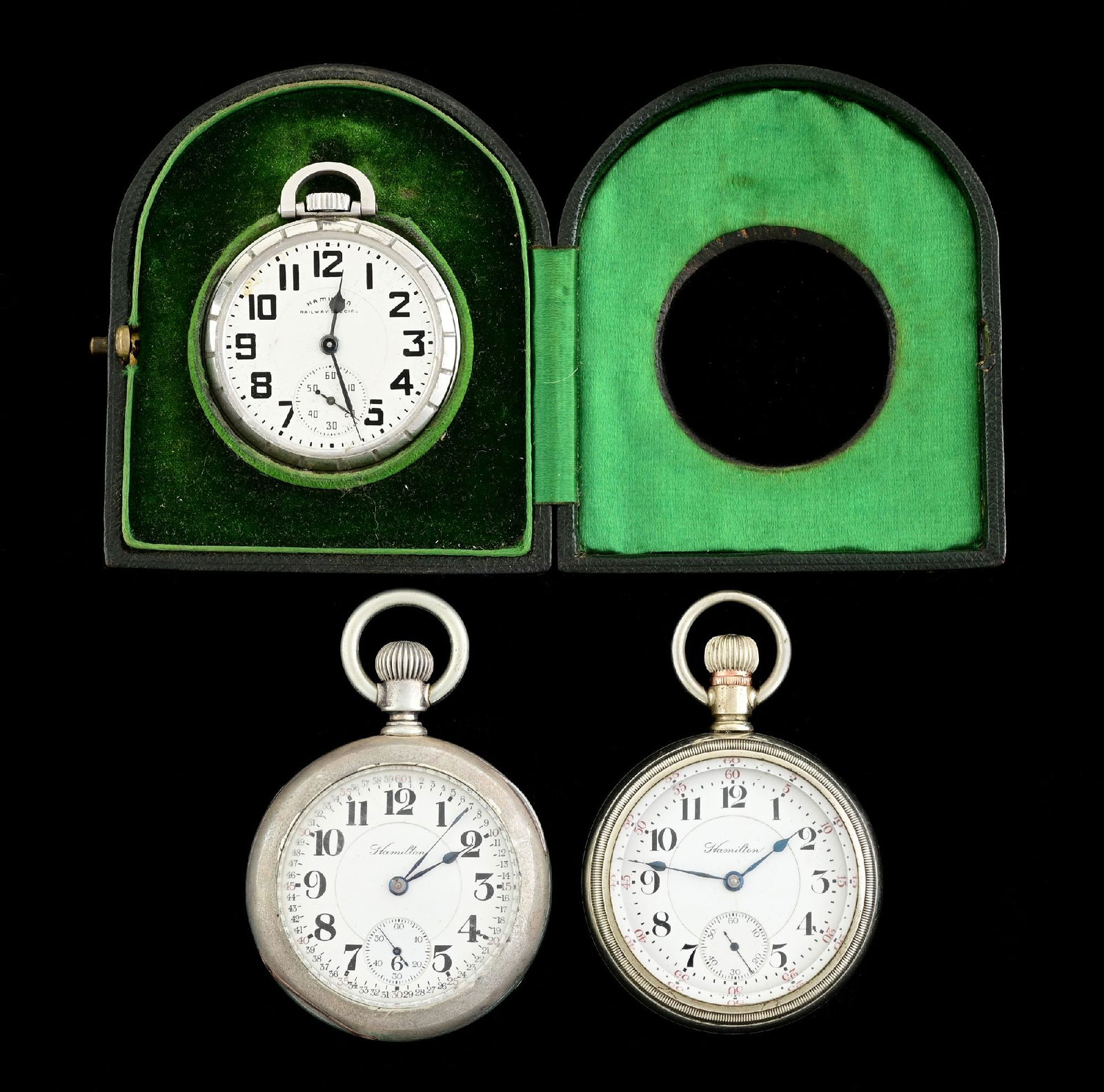 LOT OF 3: OPEN FACE HAMILTON POCKET WATCHES, ONE IN THE POUCH (1 of 3)