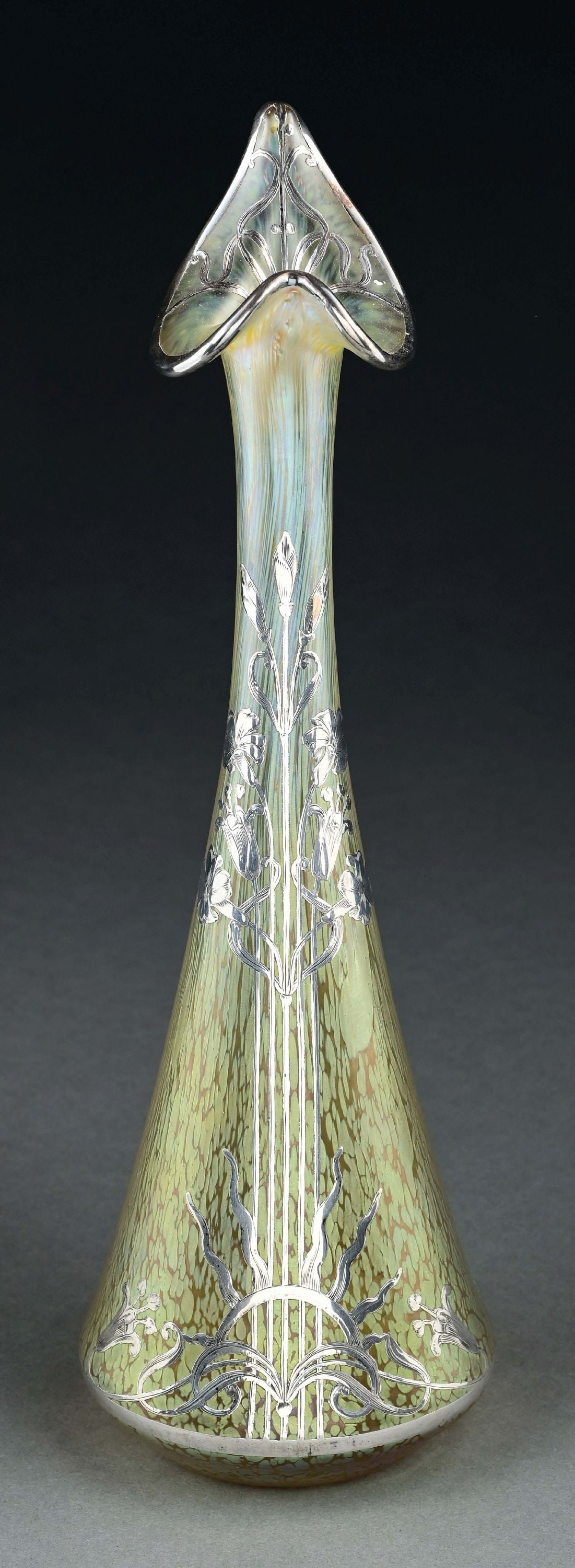 GOLD LOETZ PAPILLION VASE W/ SILVER OVERLAY: A beautiful Loetz Papillion vase with silver overlay. The 15" tall vase has an oil spot pattern with strong iridescence throughout. The vase has a silver floral overlay pattern. It is free of any crac