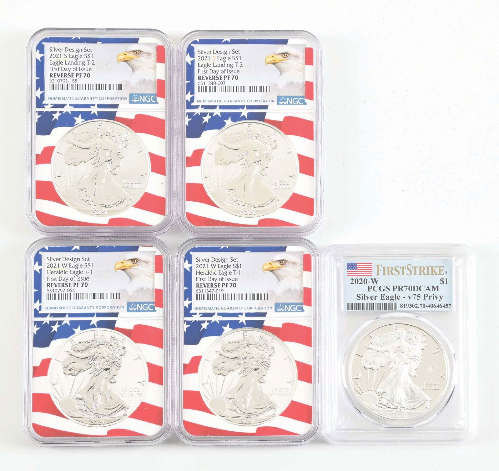 LOT OF 5: AMERICAN SILVER EAGLE DOLLARS, ALL PROOF 70 (1 of 2)